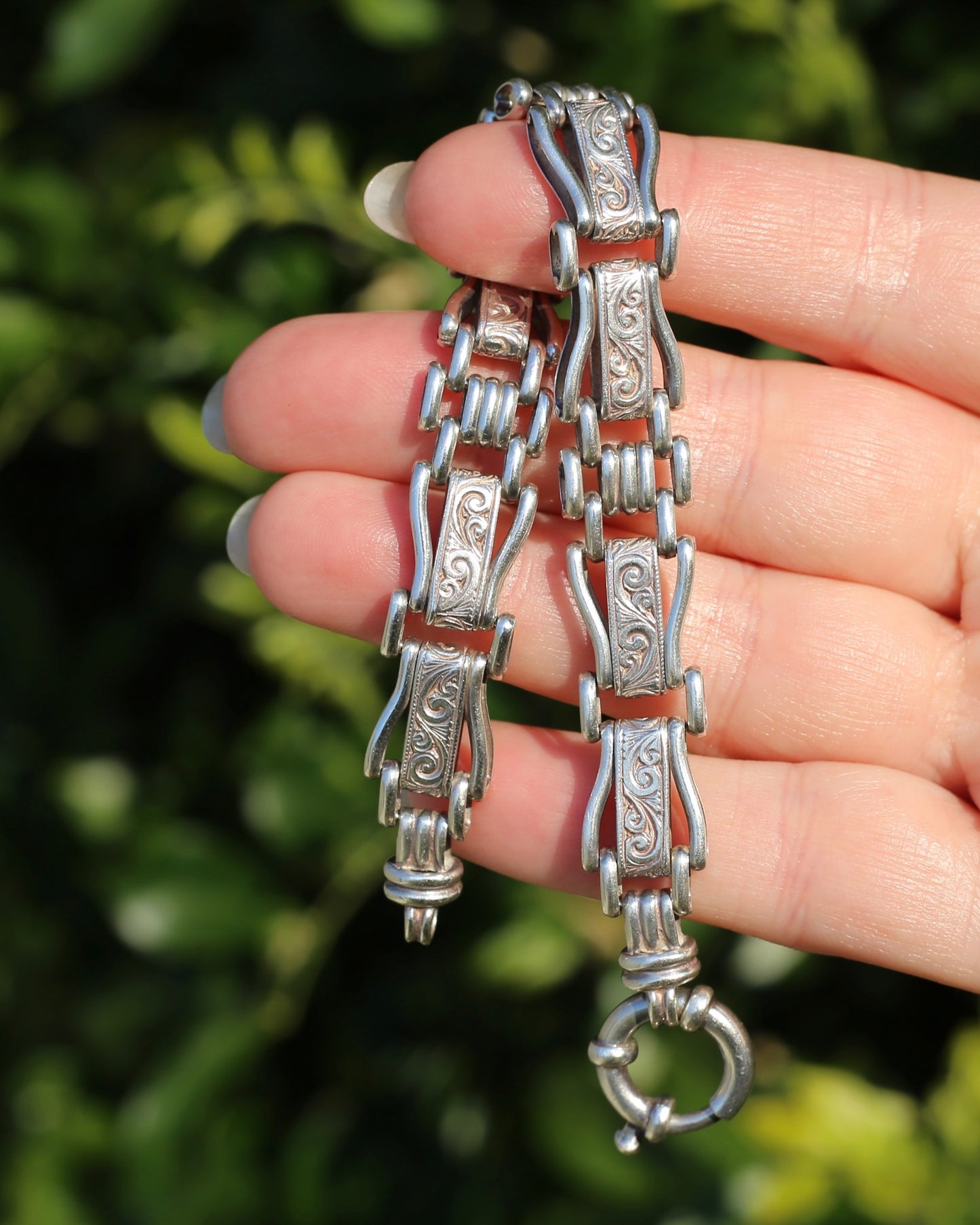 Fancy Link Engraved Bracelet, Sterling Silver, With Italian Bolt Clasp, 24.3g, 19cm