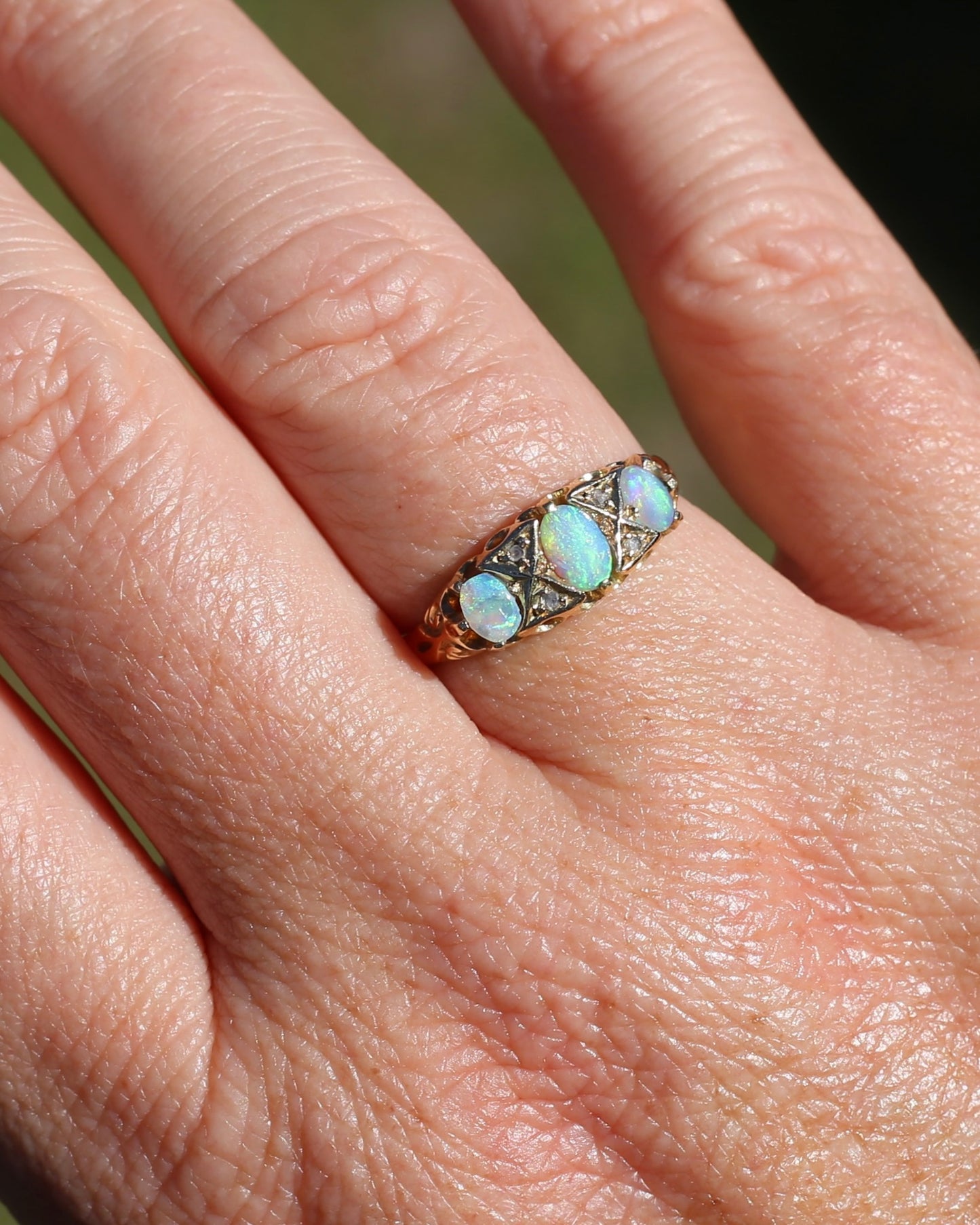 ON HOLD Antique 1907 Opal and Rose Cut Diamond Bridges Ring, 18ct Yellow Gold, size 8 or Q