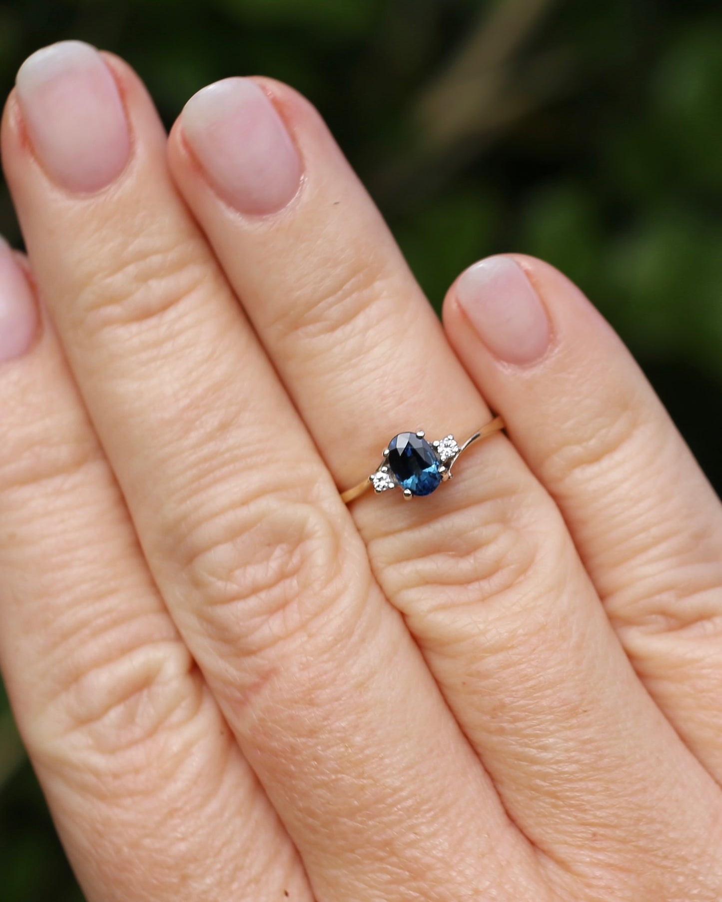 Vintage Natural Sapphire and Diamond Trilogy, 9ct Yellow and White Gold, size J or 4.75