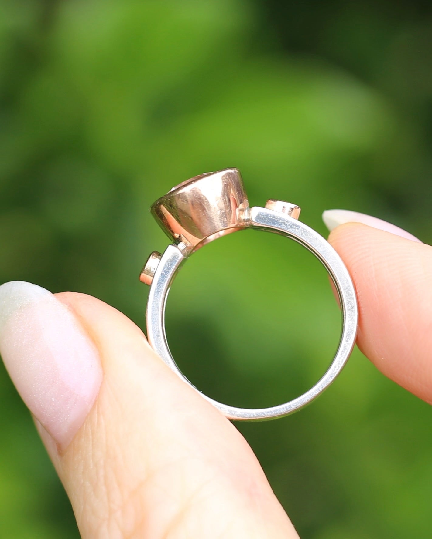 Chunky Bezel Set Morganite and Diamond Ring, 9ct Rose Gold and Silver, size P or 7.5 (fits smaller)