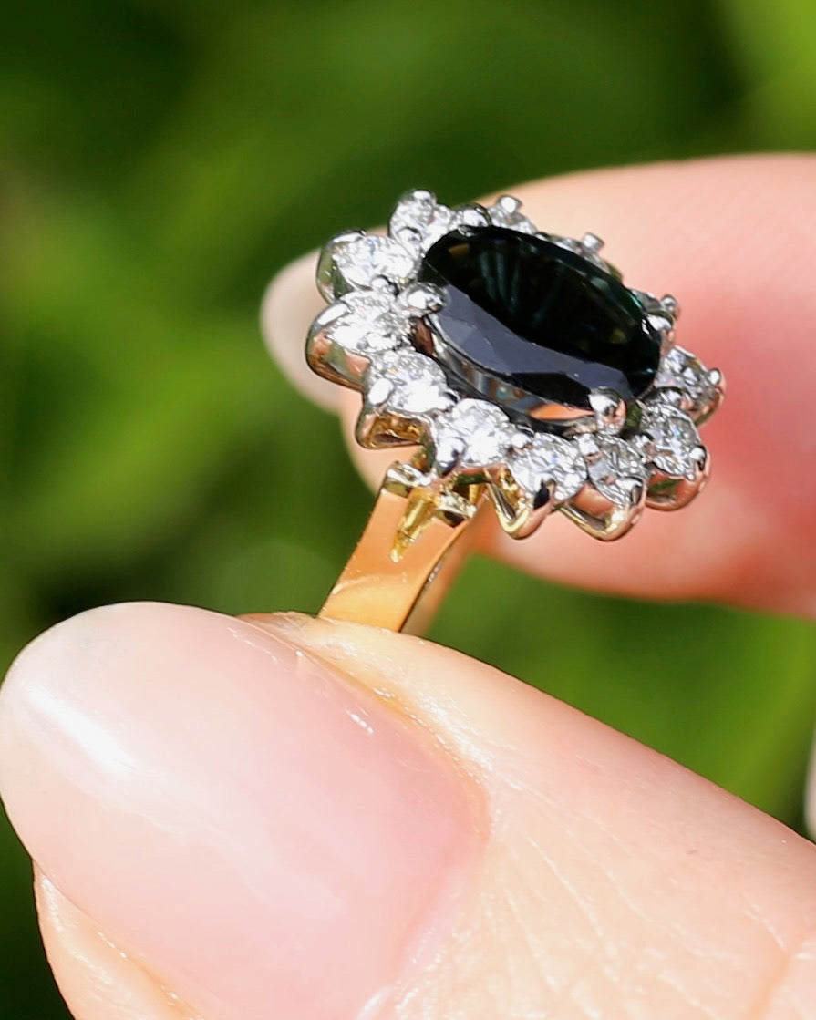 Vintage c1980s Diana Halo, Natural Sapphire and Diamond Halo, 18ct Yellow and White Gold, size P or 7.75 with valuation