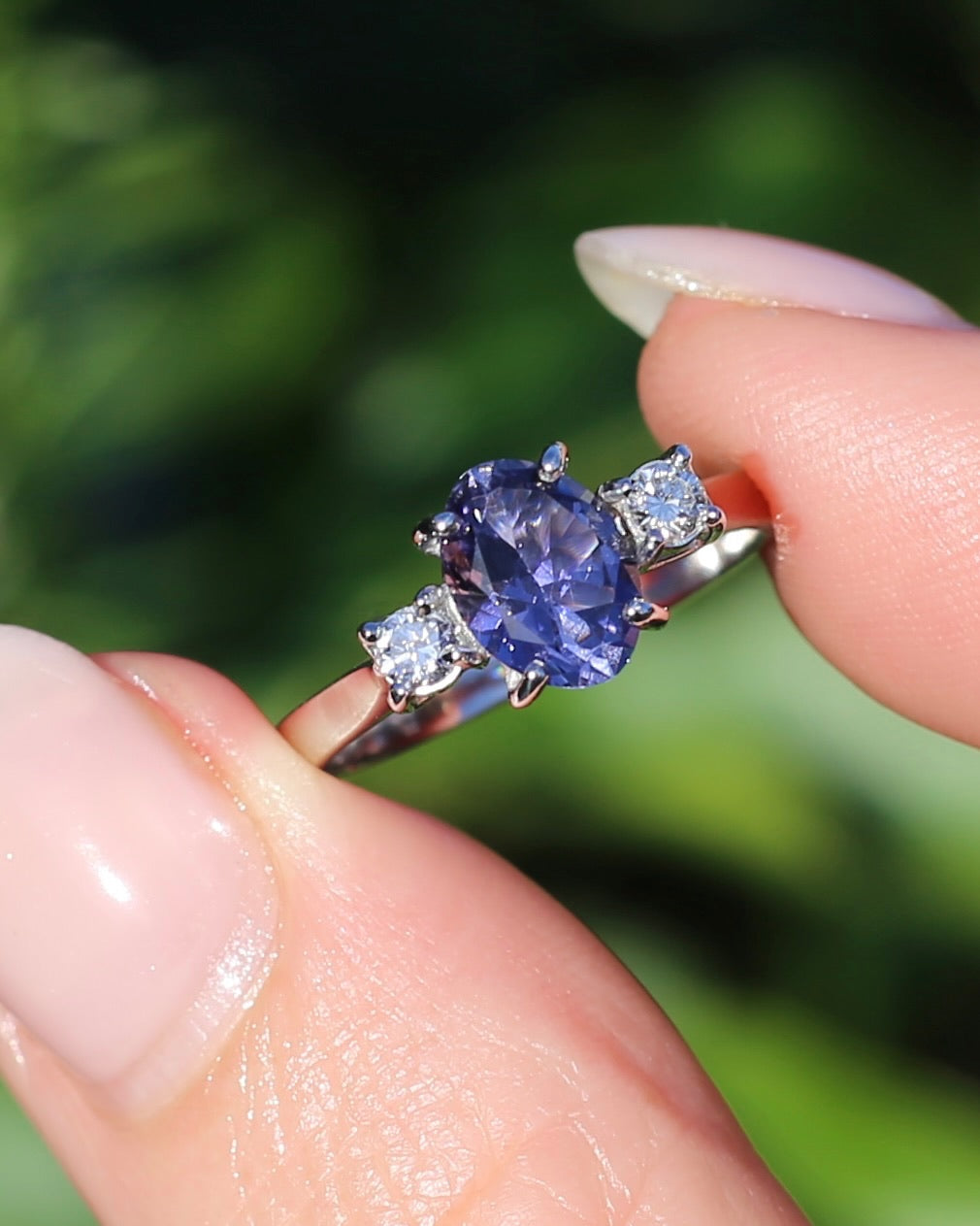 1.05ct Hand Cut Australian Iolite and Diamond Trilogy, 9ct White Gold, Size N or 6.75, 3.05g
