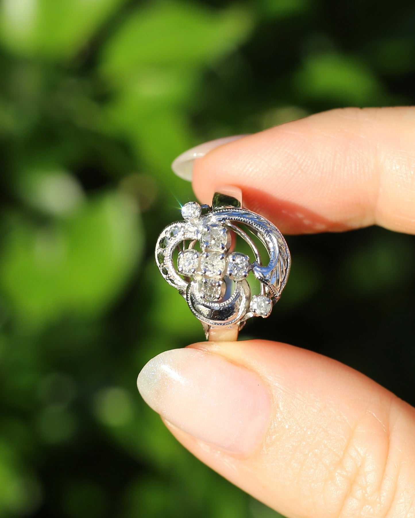 Old Cut and Early Brilliant Cluster Clover Ring, 9ct White Gold, size O or 7
