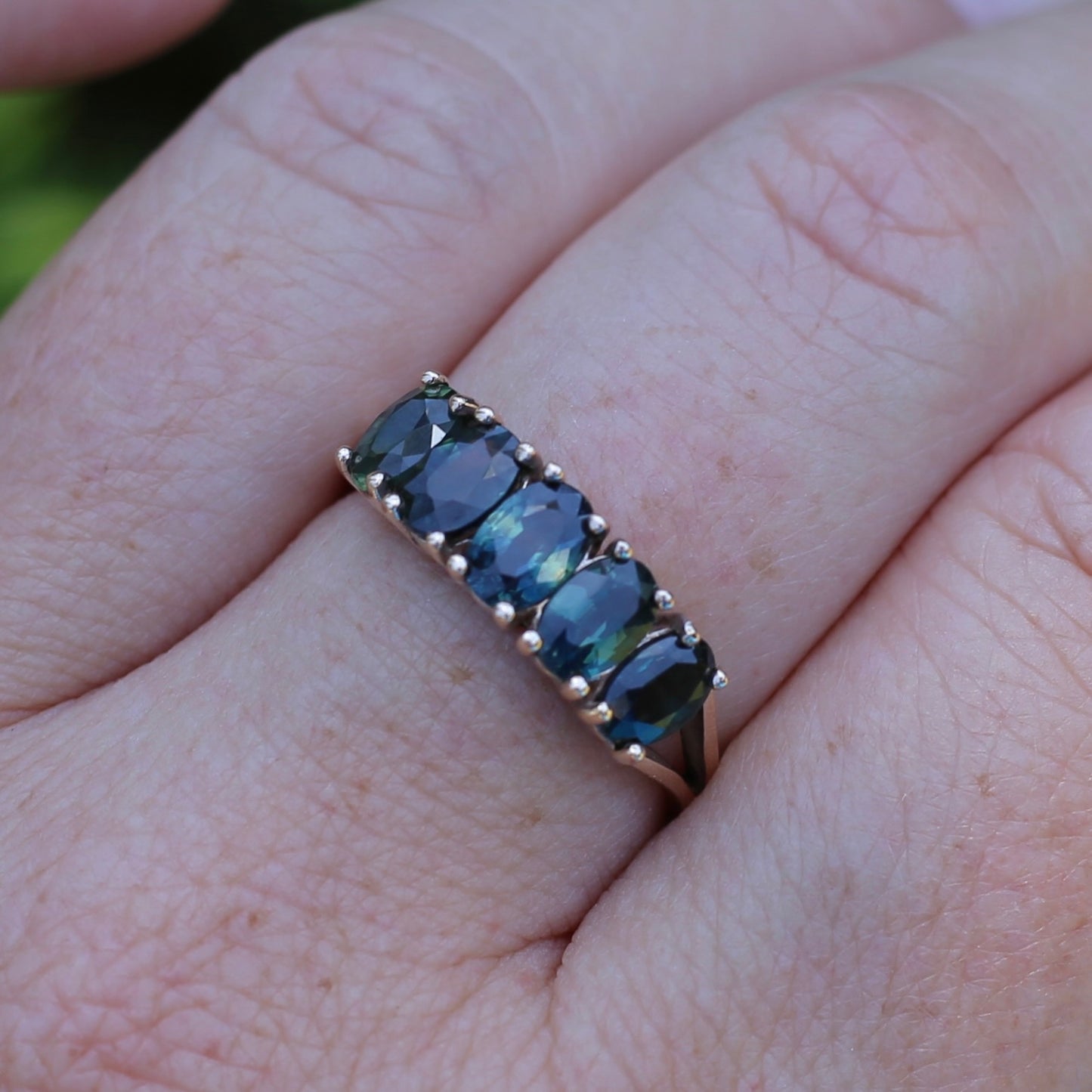 3 Carat Five Stone Parti Sapphire Ring, 9ct Yellow Gold, size R1/2 or nearly 9, with valuation