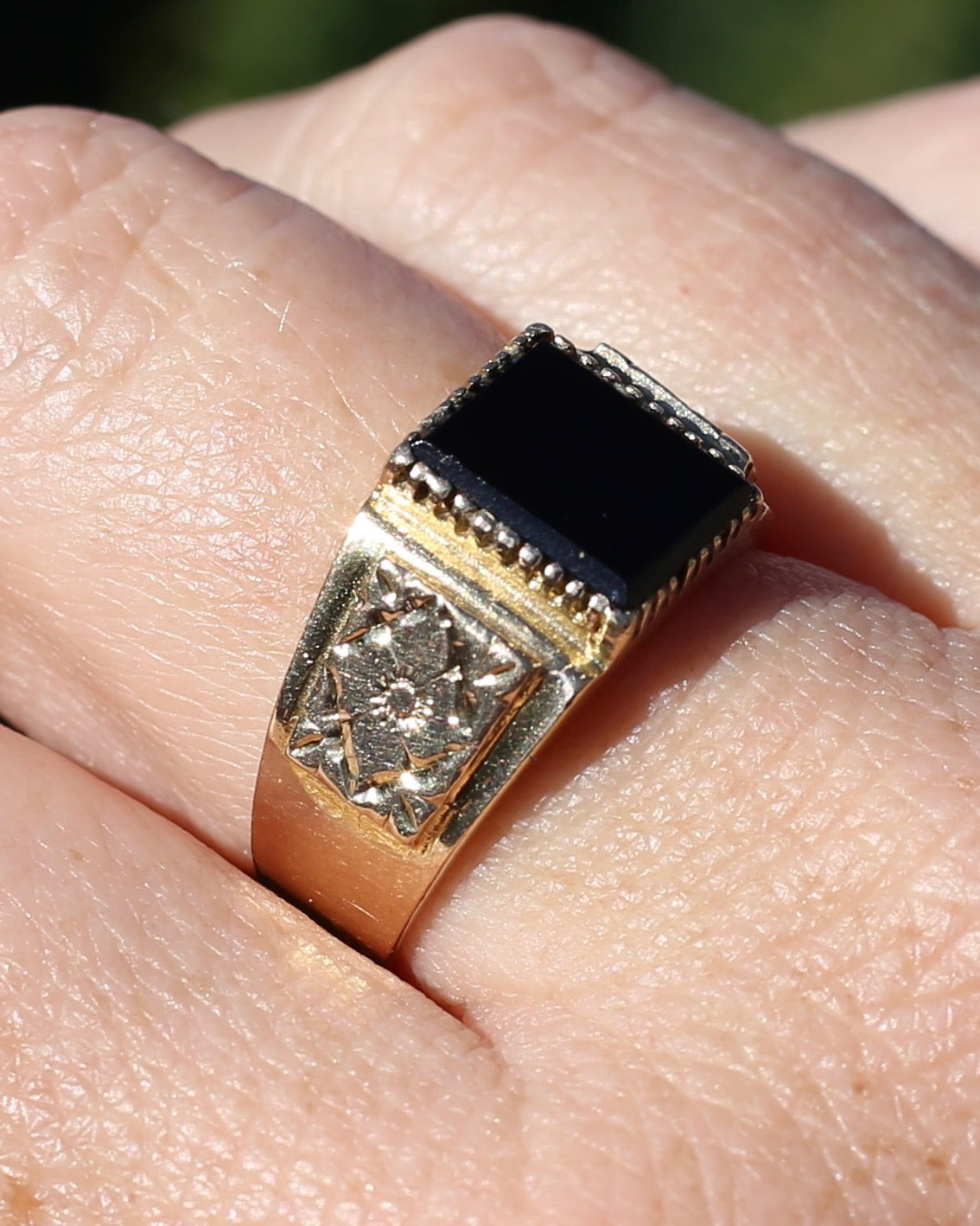 Chunky 1979 Onyx Signet with Floral Shoulders, 9ct Yellow Gold, size 10 or U