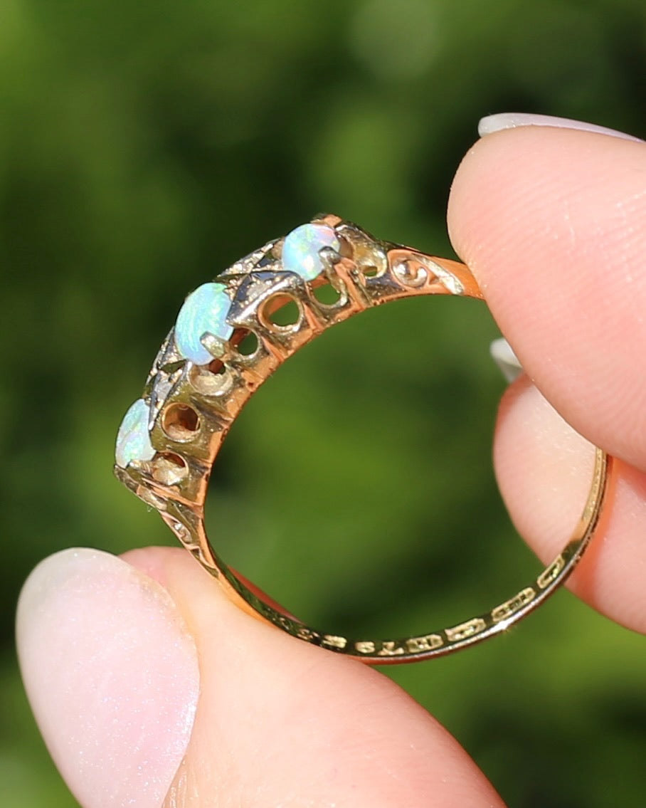ON HOLD Antique 1907 Opal and Rose Cut Diamond Bridges Ring, 18ct Yellow Gold, size 8 or Q