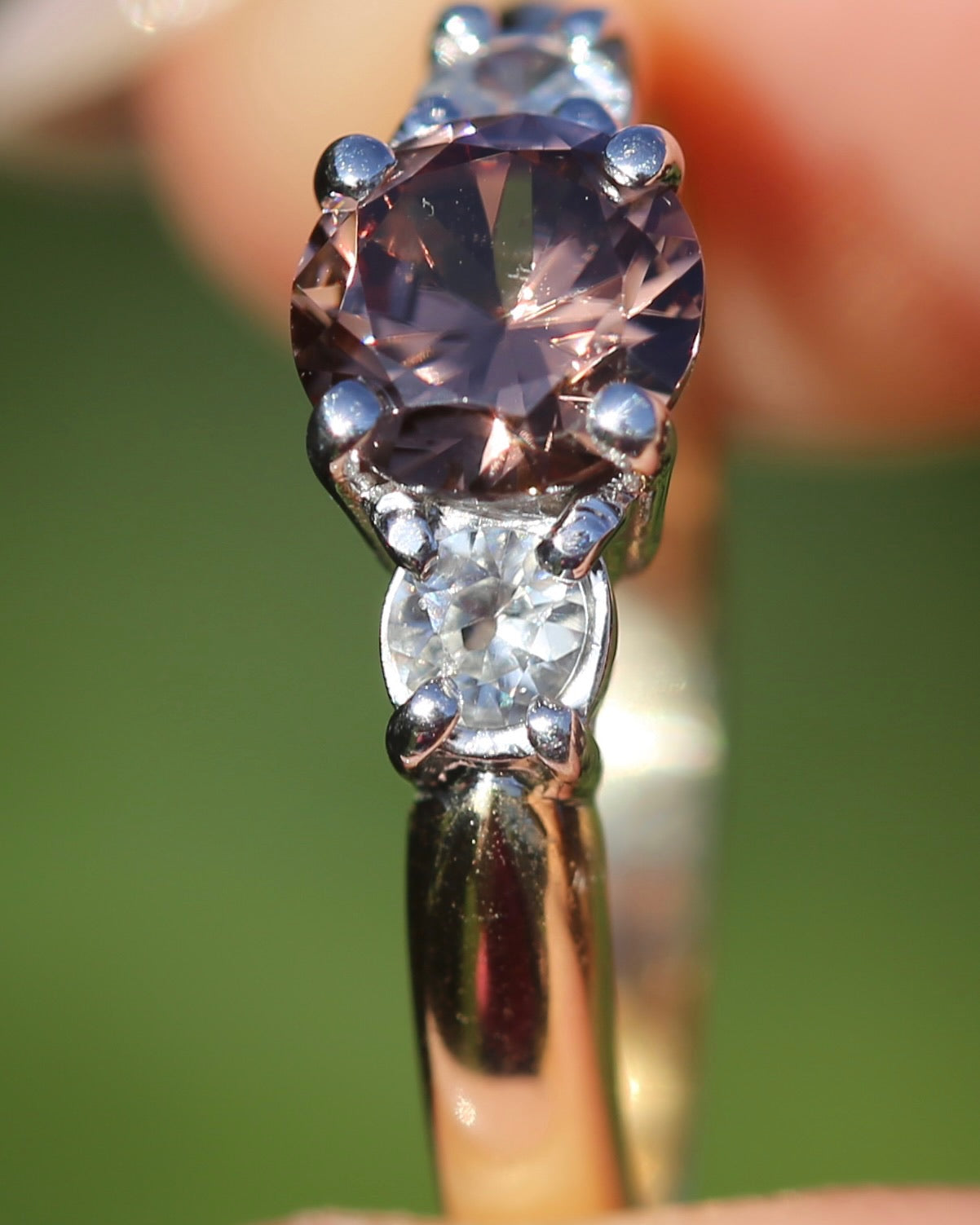1.31ct Natural Caramel Zircon and Old Cut White Zircon Trilogy Ring, 9ct Gold, size N1/2 or just under 7, 3.72g