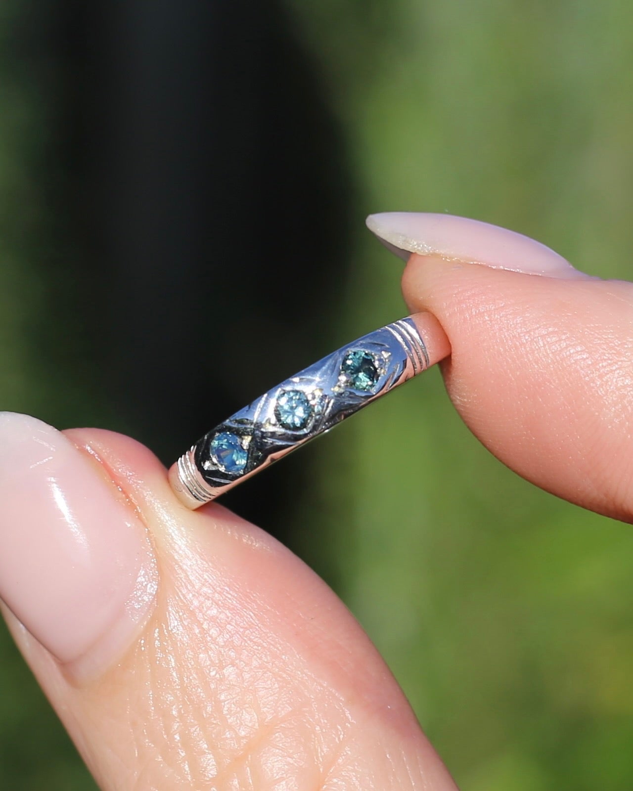 ON HOLD Australian Parti Sapphire Trilogy, 9ct White Gold Band, size N1/2 or just under 7, 2.67g