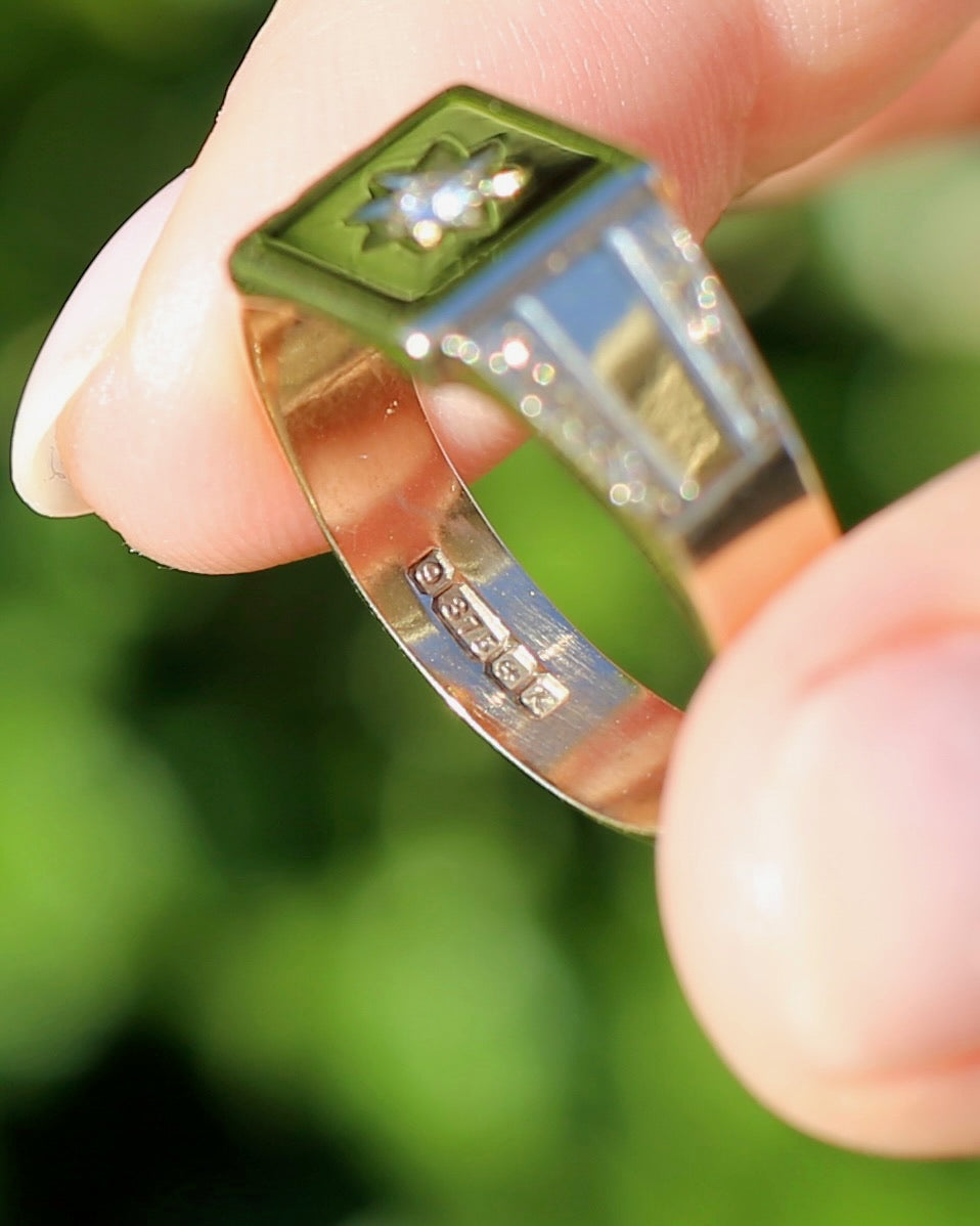 1984 Made Vintage Star Set Diamond Signet Ring, 9ct Yellow Gold, size V or 10.5
