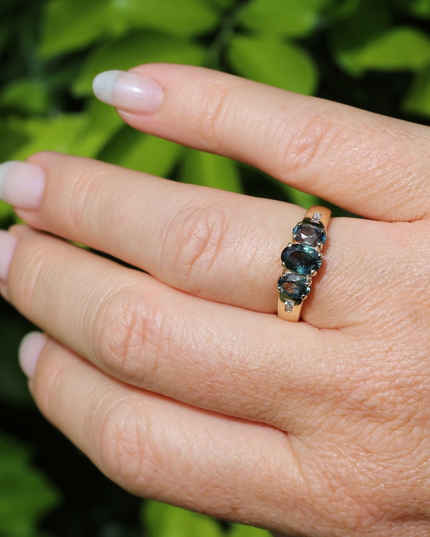 2.1ct Parti Sapphire Trilogy with Channel Set Diamonds, in Vintage 9ct Yellow Gold Ring, size O or 7.25
