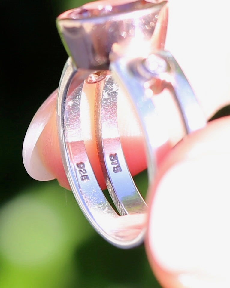 Chunky Bezel Set Morganite and Diamond Ring, 9ct Rose Gold and Silver, size P or 7.5 (fits smaller)