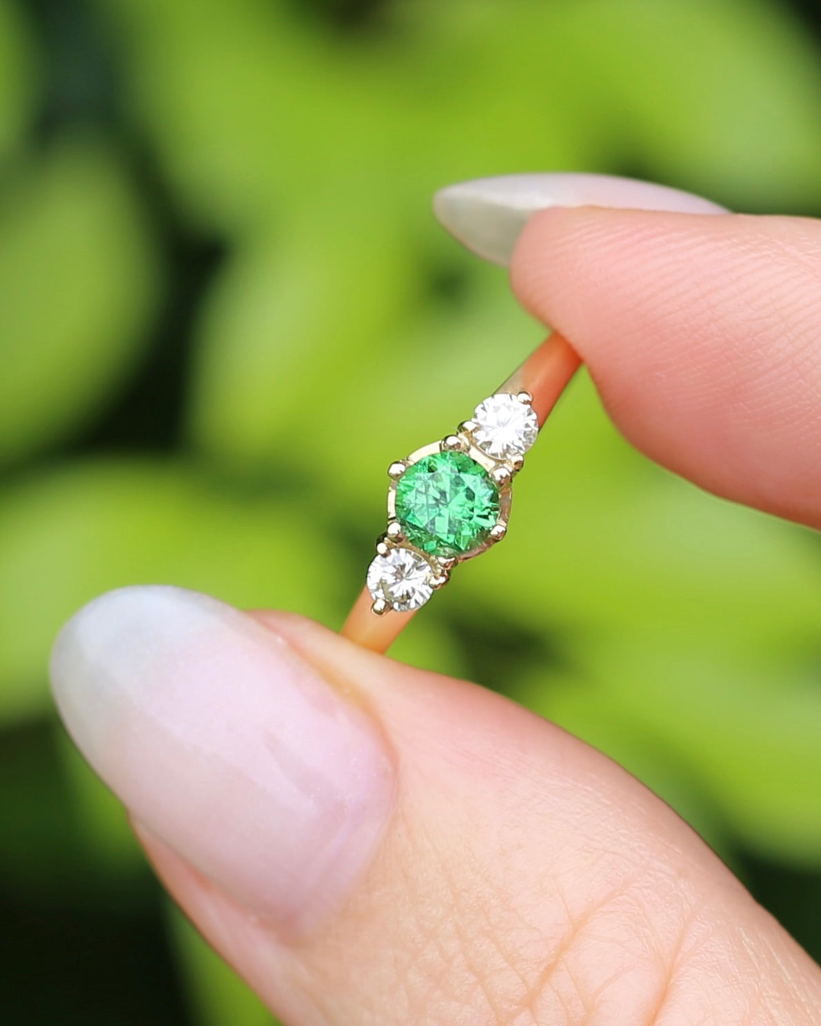 East African Tsavorite Garnet and Diamond Trilogy Ring, 18ct Yellow Gold, size K or 5.5 with valuation