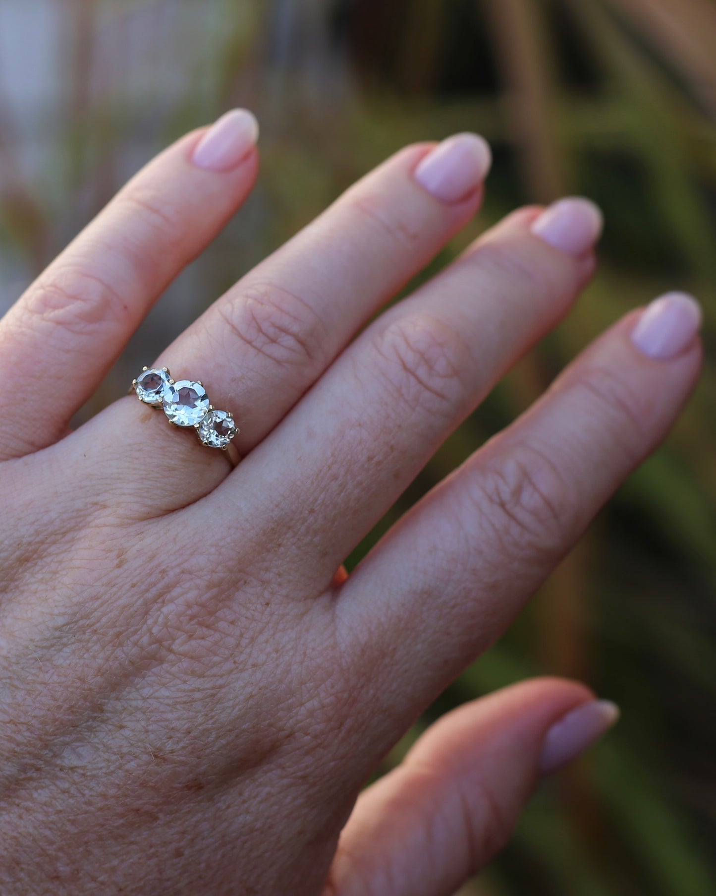 Prasiolite or Green Amethyst in Vintage Trilogy, 9ct Yellow Gold, size 7 or N1/2