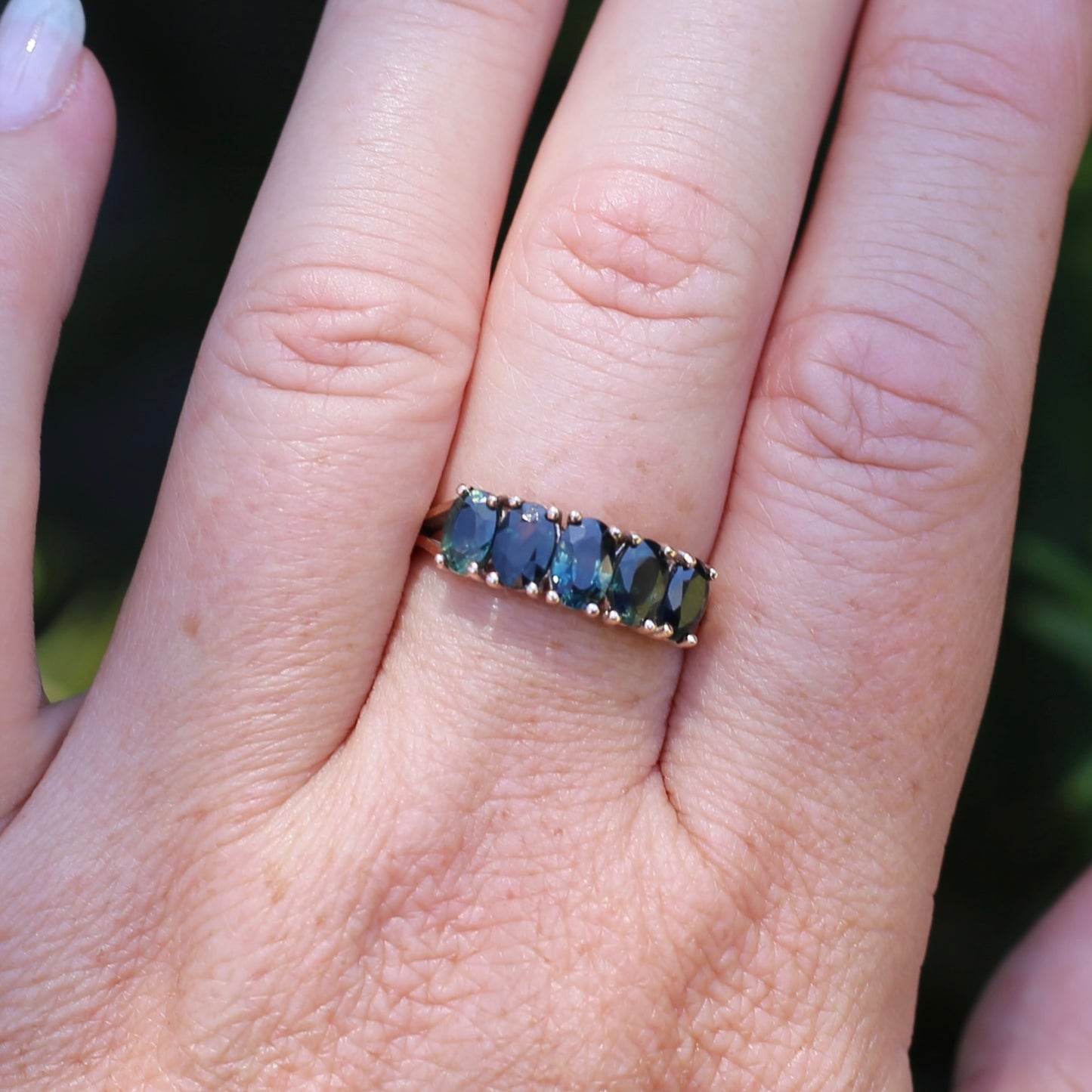 3 Carat Five Stone Parti Sapphire Ring, 9ct Yellow Gold, size R1/2 or nearly 9, with valuation