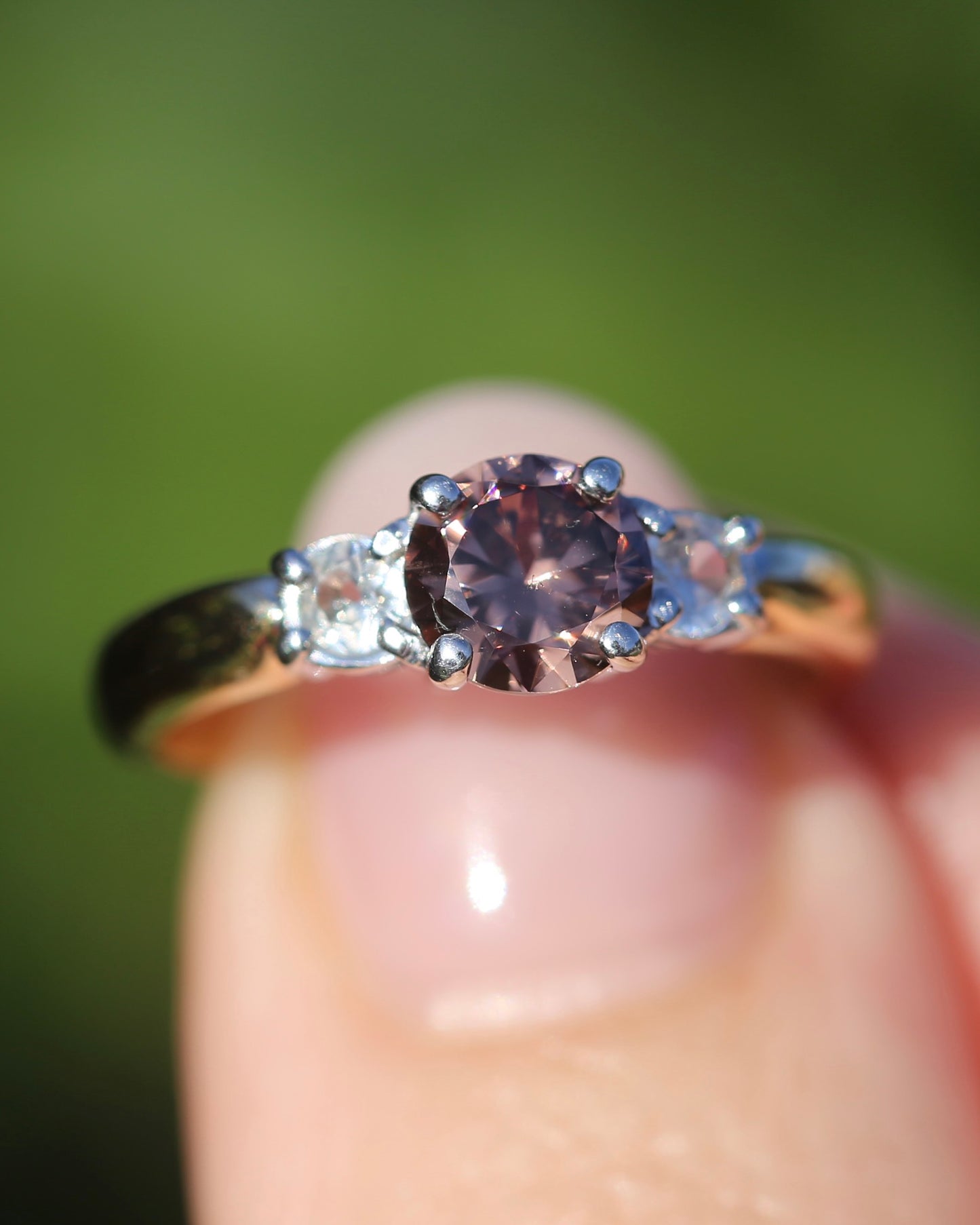 1.31ct Natural Caramel Zircon and Old Cut White Zircon Trilogy Ring, 9ct Gold, size N1/2 or just under 7, 3.72g