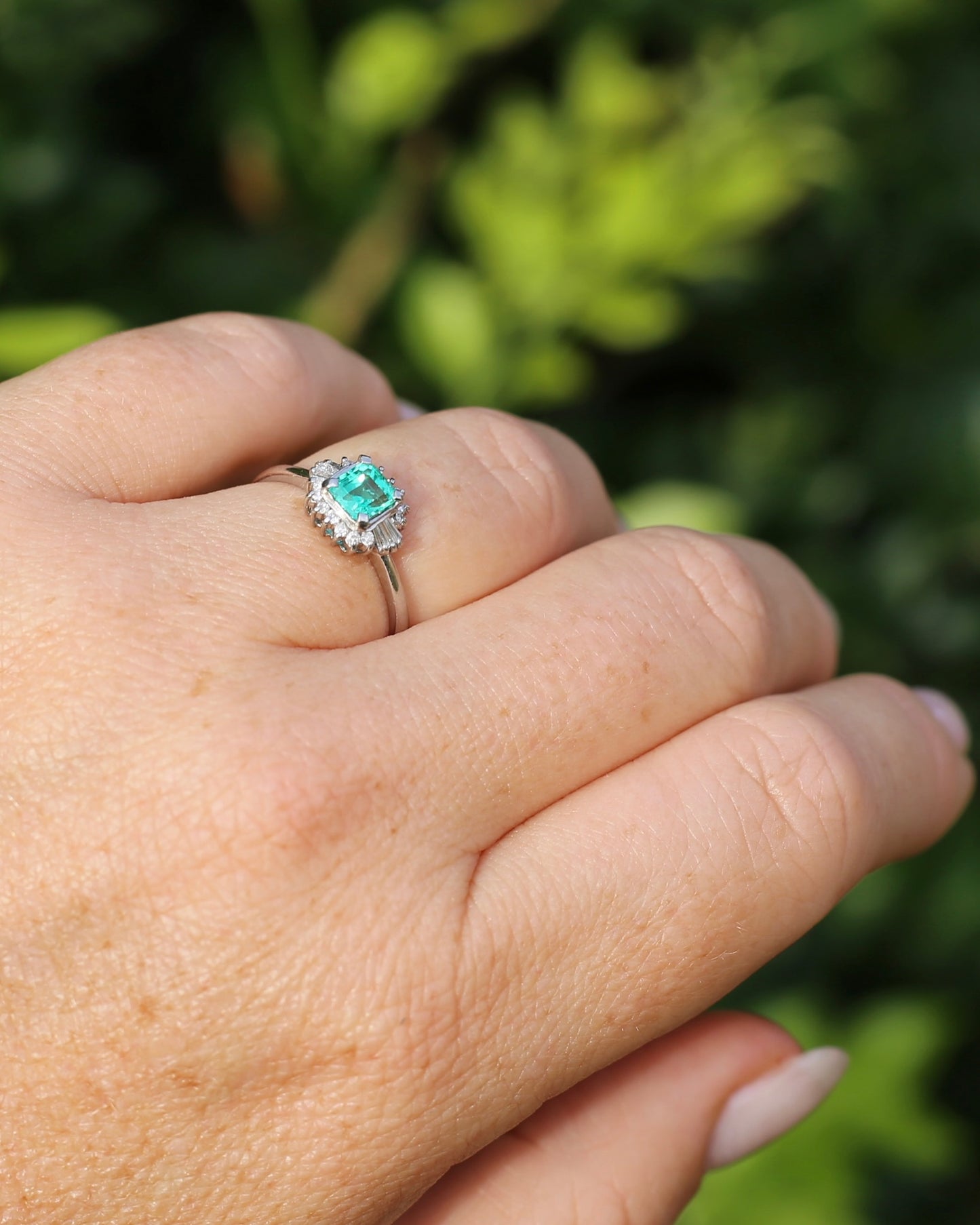 Natural Square Step Cut Emerald and Diamond Baguette Ballerina Skirt, Platinum Ring, size O or 7.25