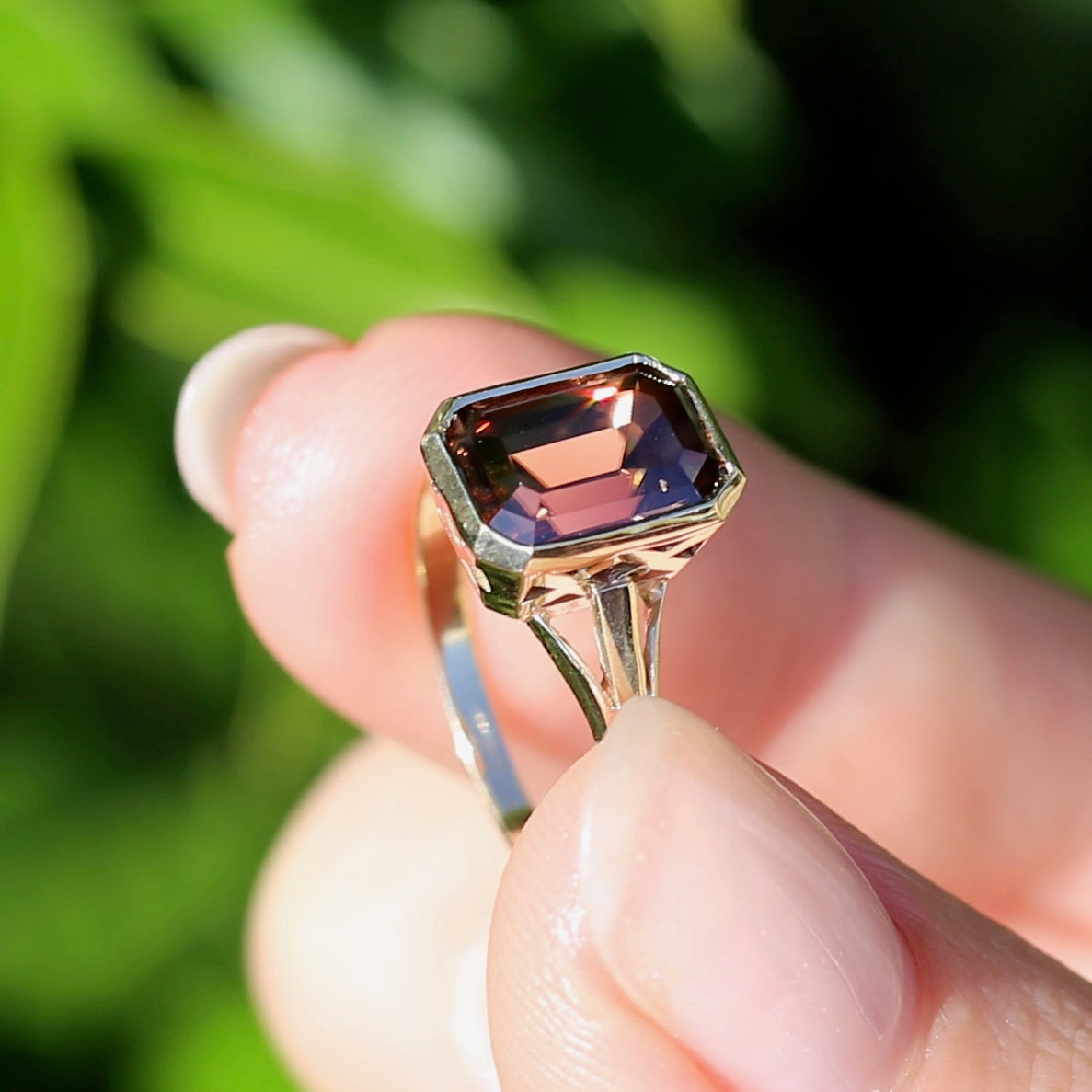 Custom Cut 4.36ct Octagonal Brown Zircon, Bezel Set, 9ct Yellow Gold, size L1/2 or 6