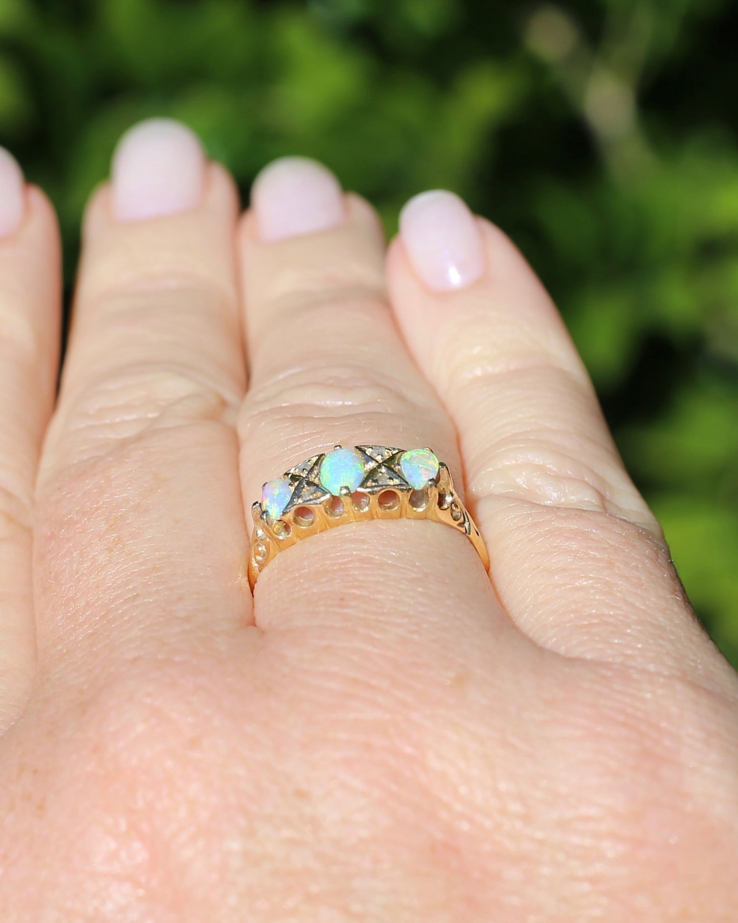 ON HOLD Antique 1907 Opal and Rose Cut Diamond Bridges Ring, 18ct Yellow Gold, size 8 or Q