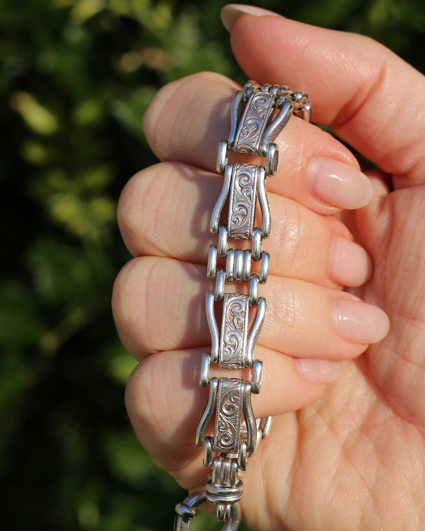 Fancy Link Engraved Bracelet, Sterling Silver, With Italian Bolt Clasp, 24.3g, 19cm