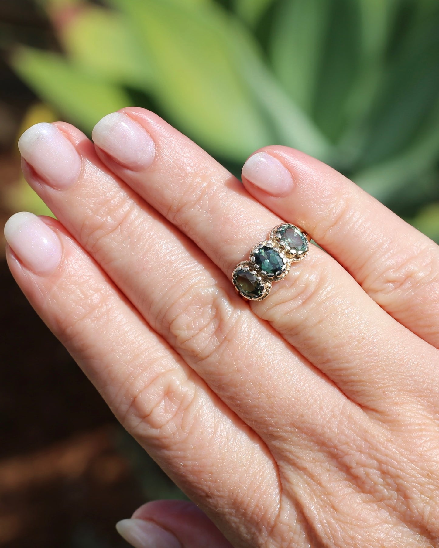 3ct Green Parti Sapphire Claw Set Vintage Ring, 9ct Yellow Gold, size 6 or L1/2