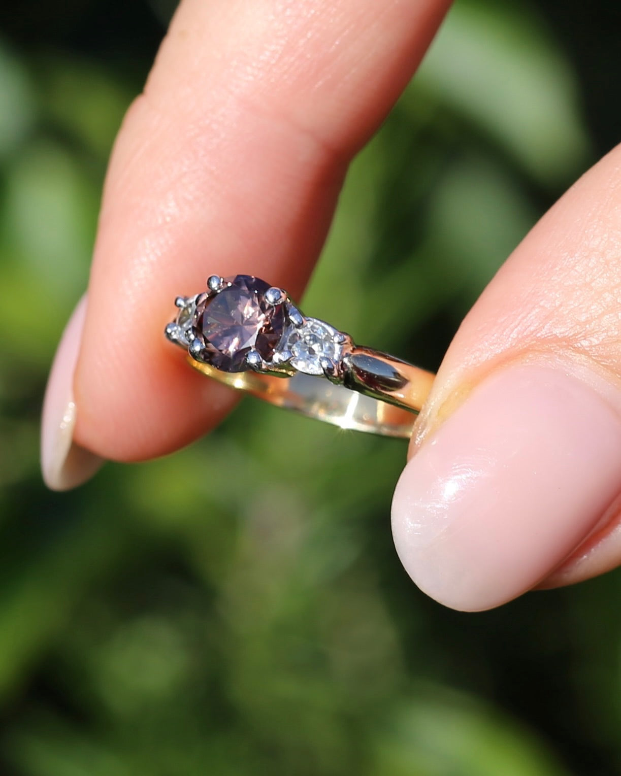 1.31ct Natural Caramel Zircon and Old Cut White Zircon Trilogy Ring, 9ct Gold, size N1/2 or just under 7, 3.72g
