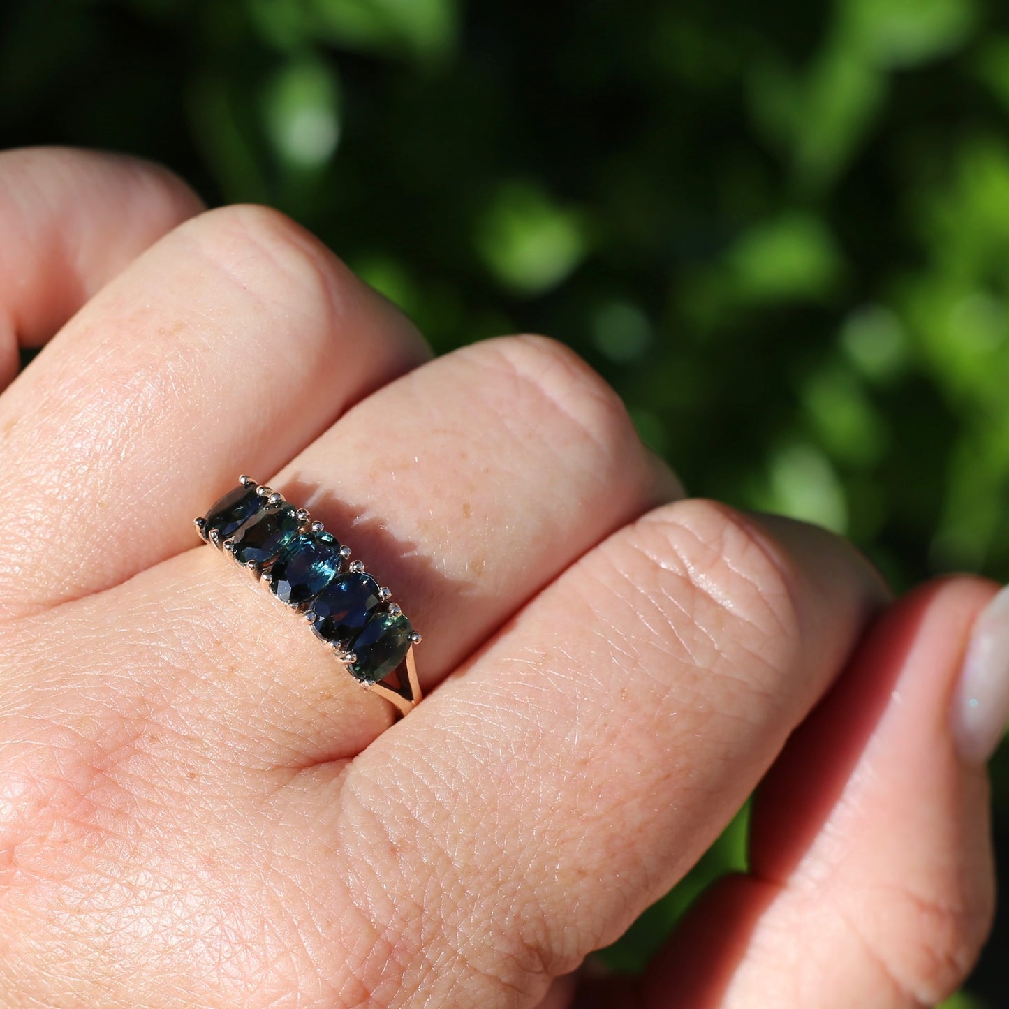 3 Carat Five Stone Parti Sapphire Ring, 9ct Yellow Gold, size R1/2 or nearly 9, with valuation