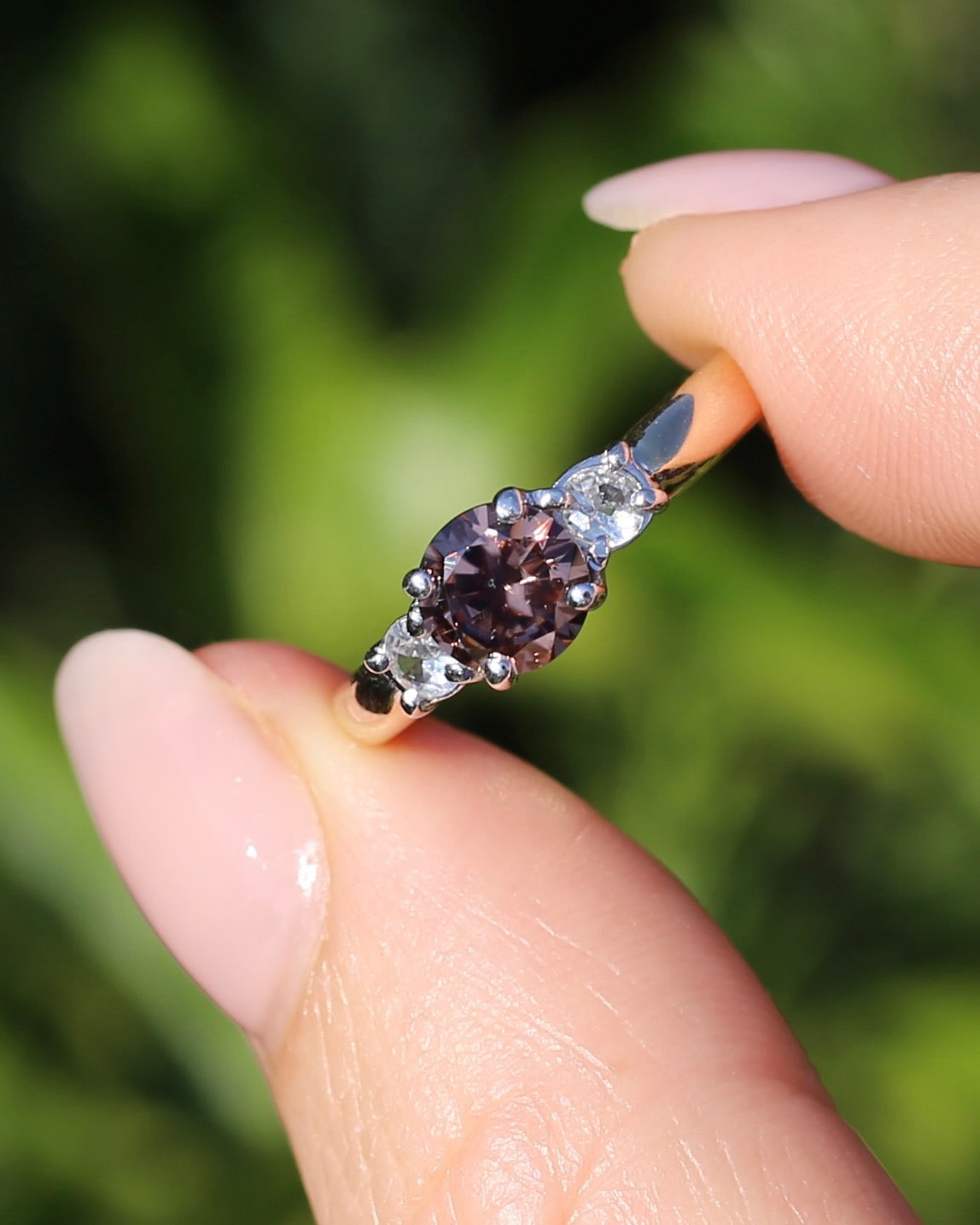 1.31ct Natural Caramel Zircon and Old Cut White Zircon Trilogy Ring, 9ct Gold, size N1/2 or just under 7, 3.72g