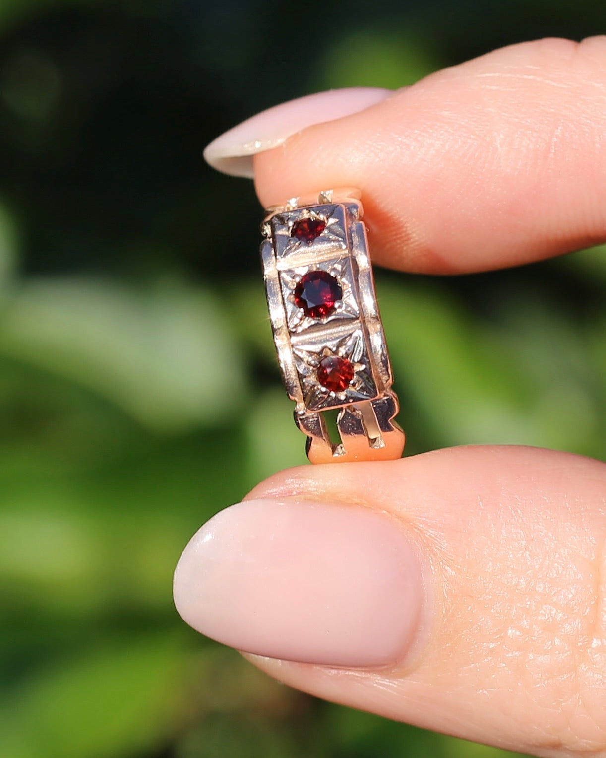 Vintage Victorian Revival Garnet Trilogy Star Set Ring, 9ct Rosey Gold, size P or 7.75, 3.16g