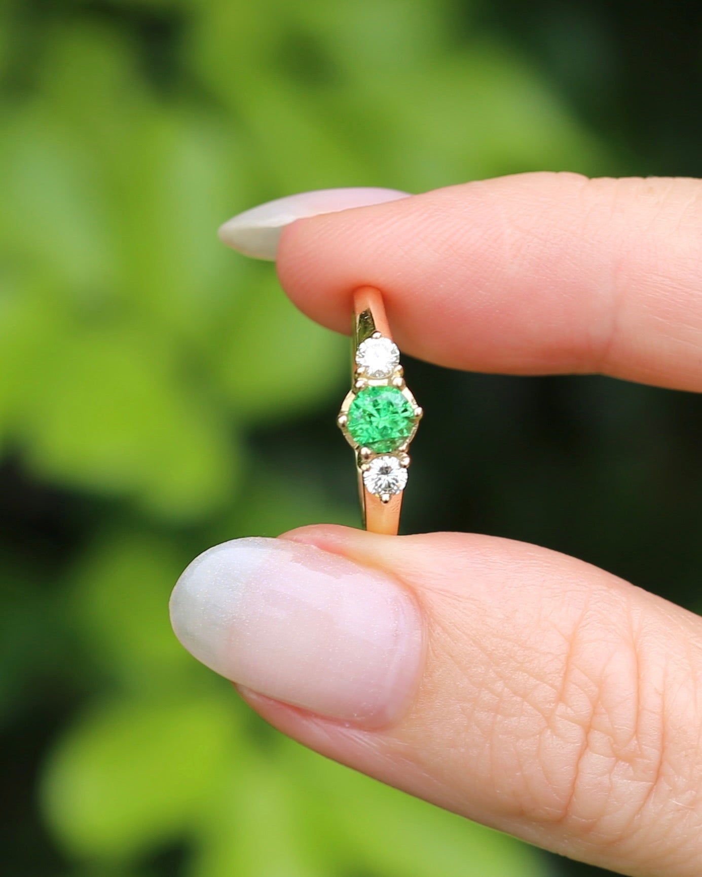 East African Tsavorite Garnet and Diamond Trilogy Ring, 18ct Yellow Gold, size K or 5.5 with valuation