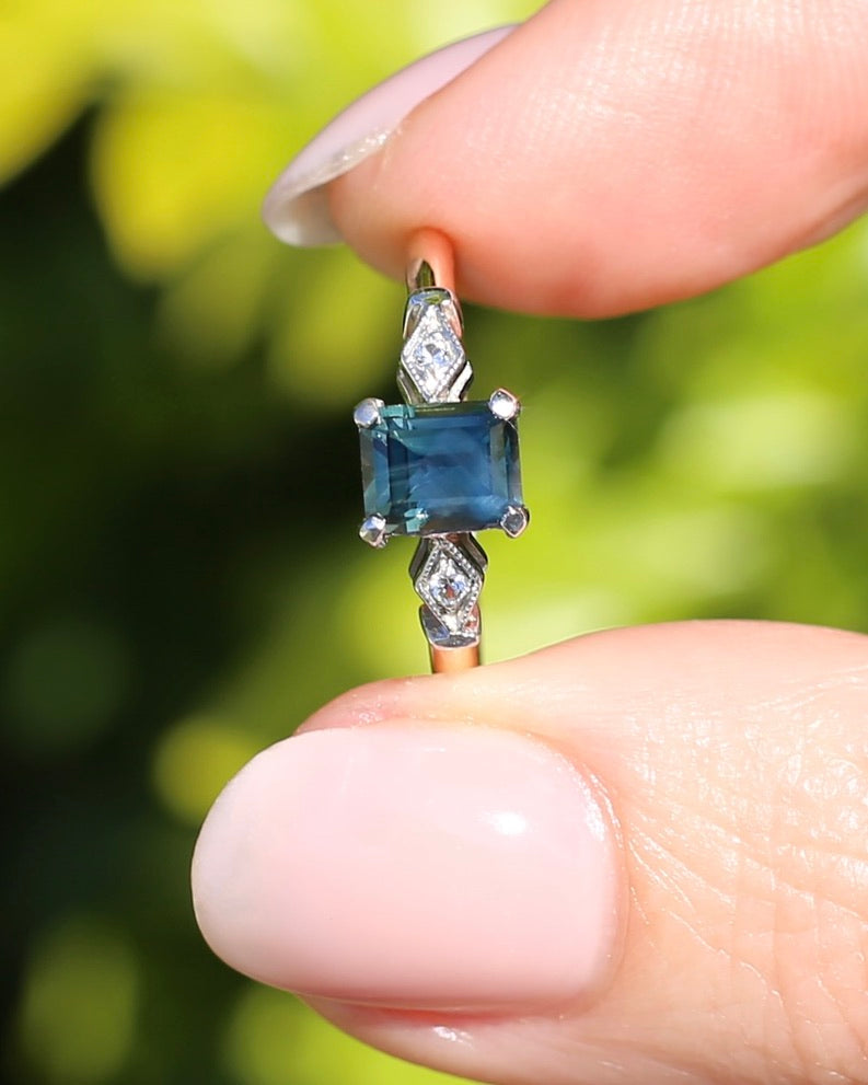 1.09ct Emerald Cut Teal Australian Sapphire With Diamonds in Vintage Trilogy Setting, 9ct Yellow and White Gold, size N1/2 or 6.75, 2.05g
