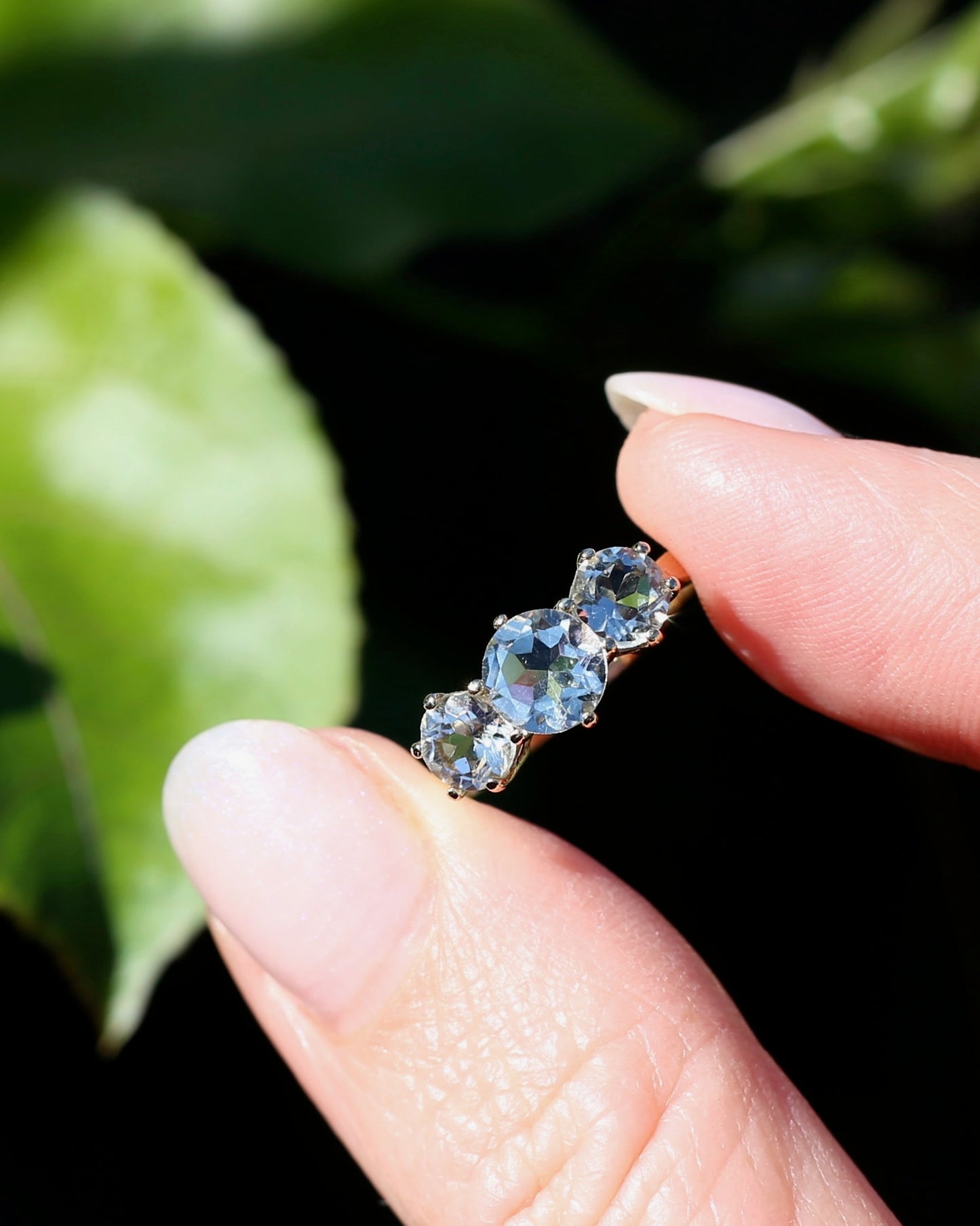 Prasiolite or Green Amethyst in Vintage Trilogy, 9ct Yellow Gold, size 7 or N1/2