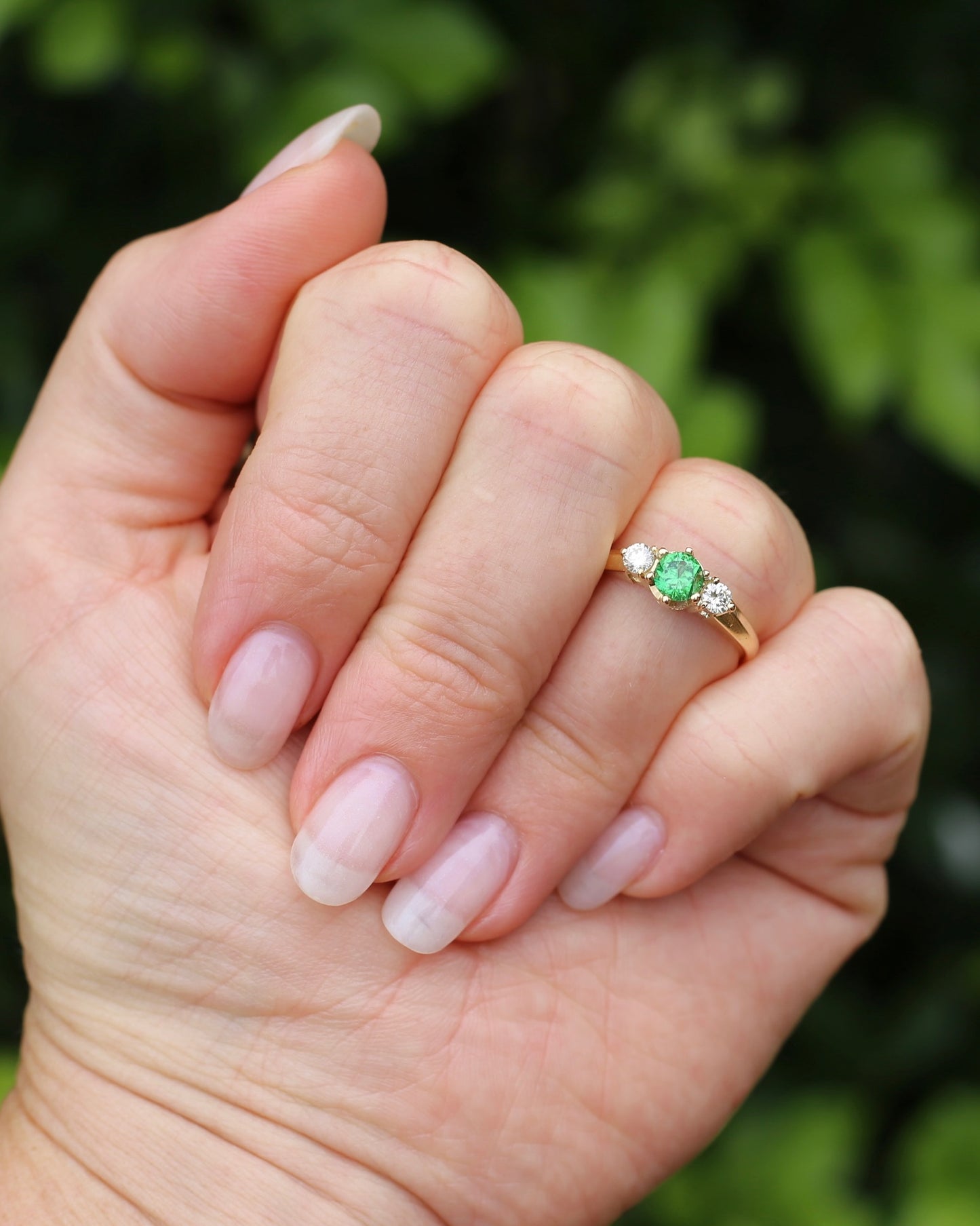East African Tsavorite Garnet and Diamond Trilogy Ring, 18ct Yellow Gold, size K or 5.5 with valuation