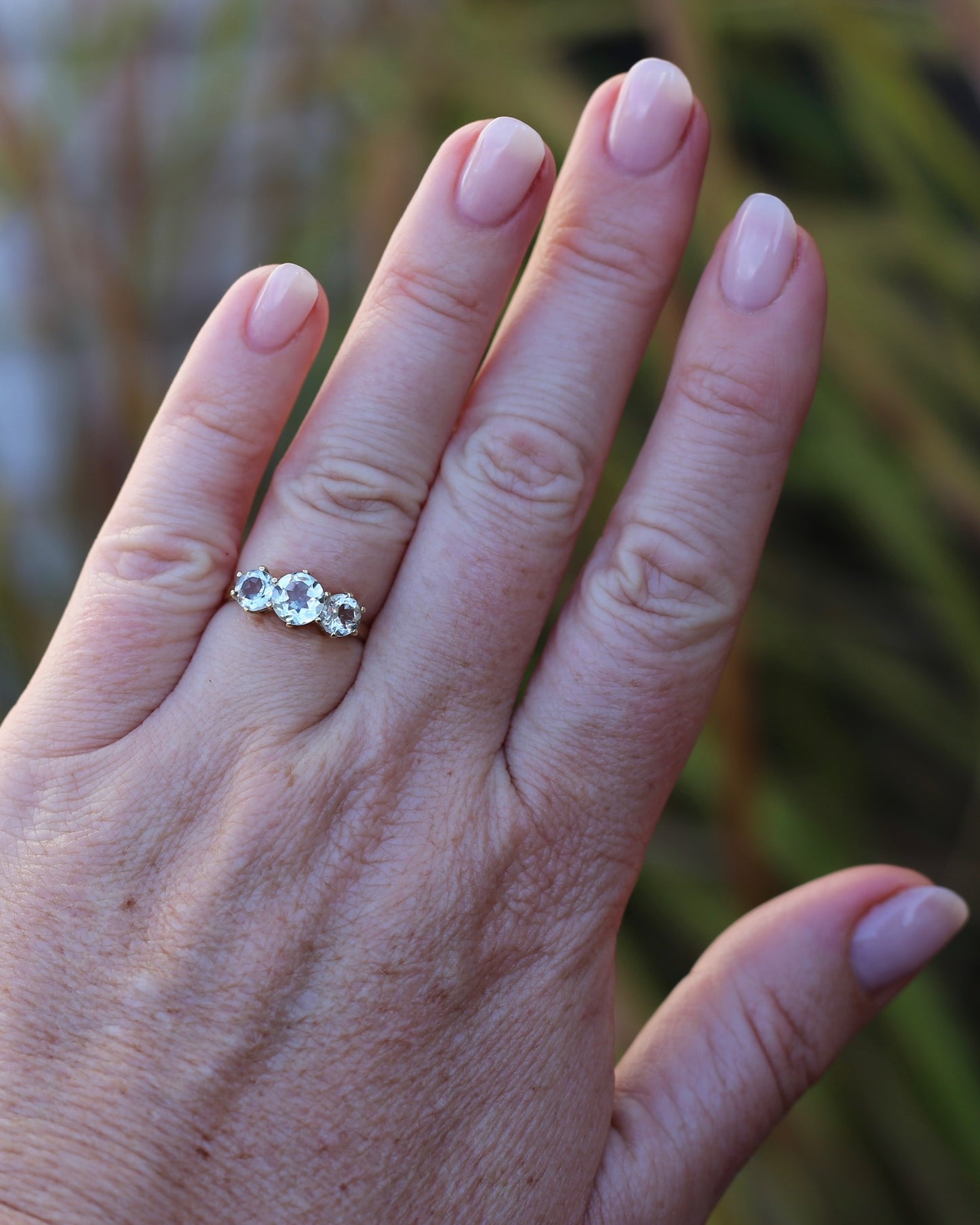 Prasiolite or Green Amethyst in Vintage Trilogy, 9ct Yellow Gold, size 7 or N1/2