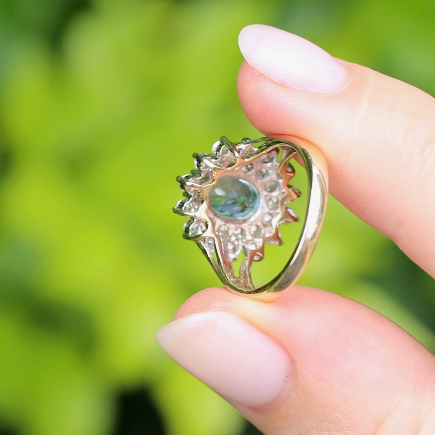 1.1ct Oval Aquamarine and Double Diamond Halo (0.88ct), 9ct White and Yellow Gold, size 6.25 or M