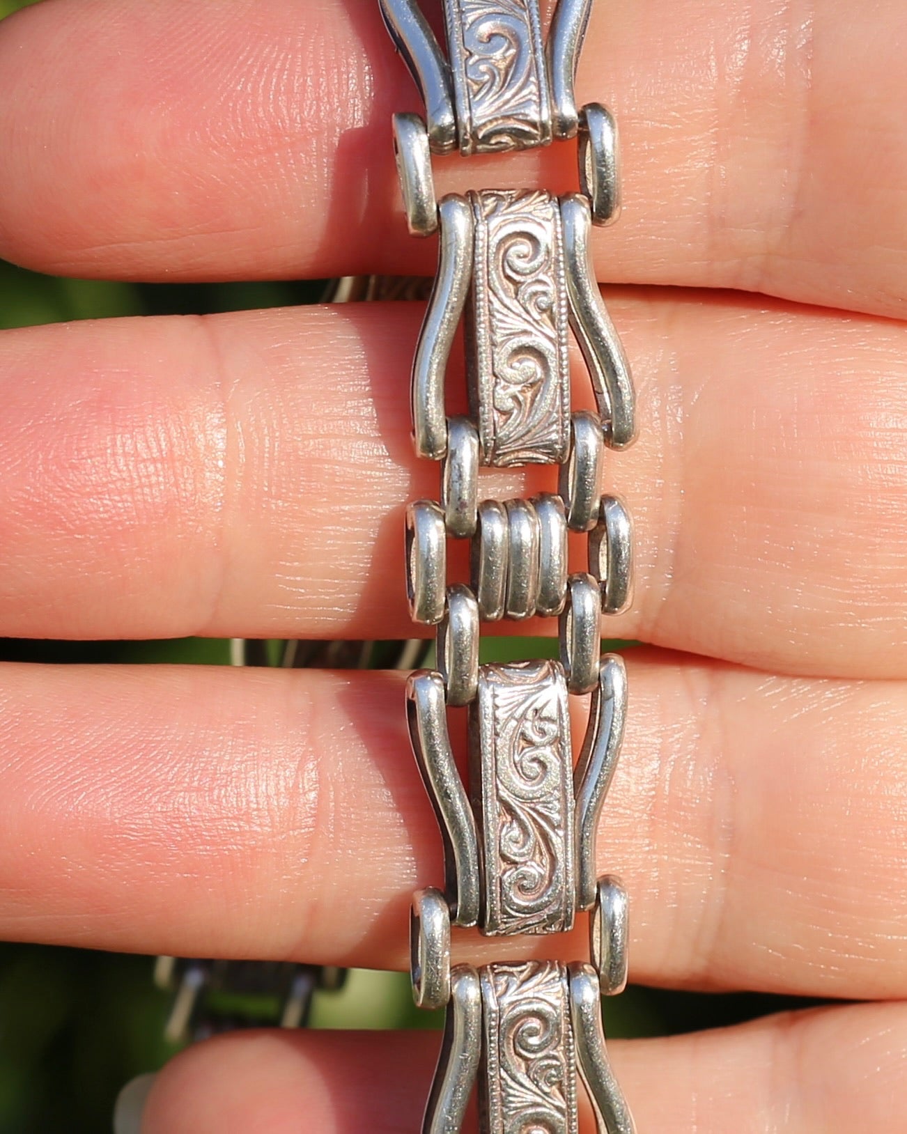Fancy Link Engraved Bracelet, Sterling Silver, With Italian Bolt Clasp, 24.3g, 19cm