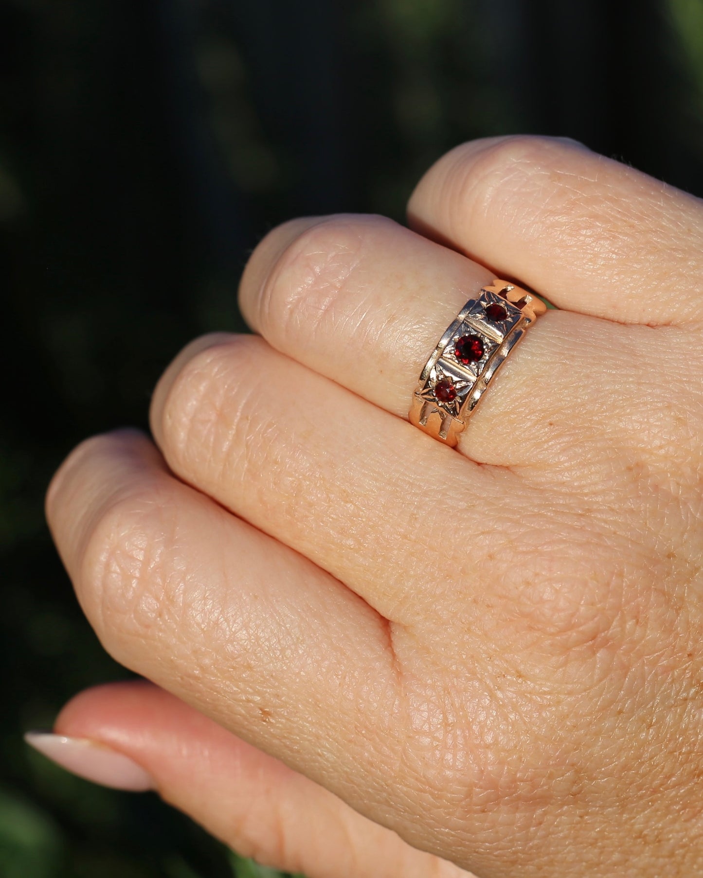 Vintage Victorian Revival Garnet Trilogy Star Set Ring, 9ct Rosey Gold, size P or 7.75, 3.16g