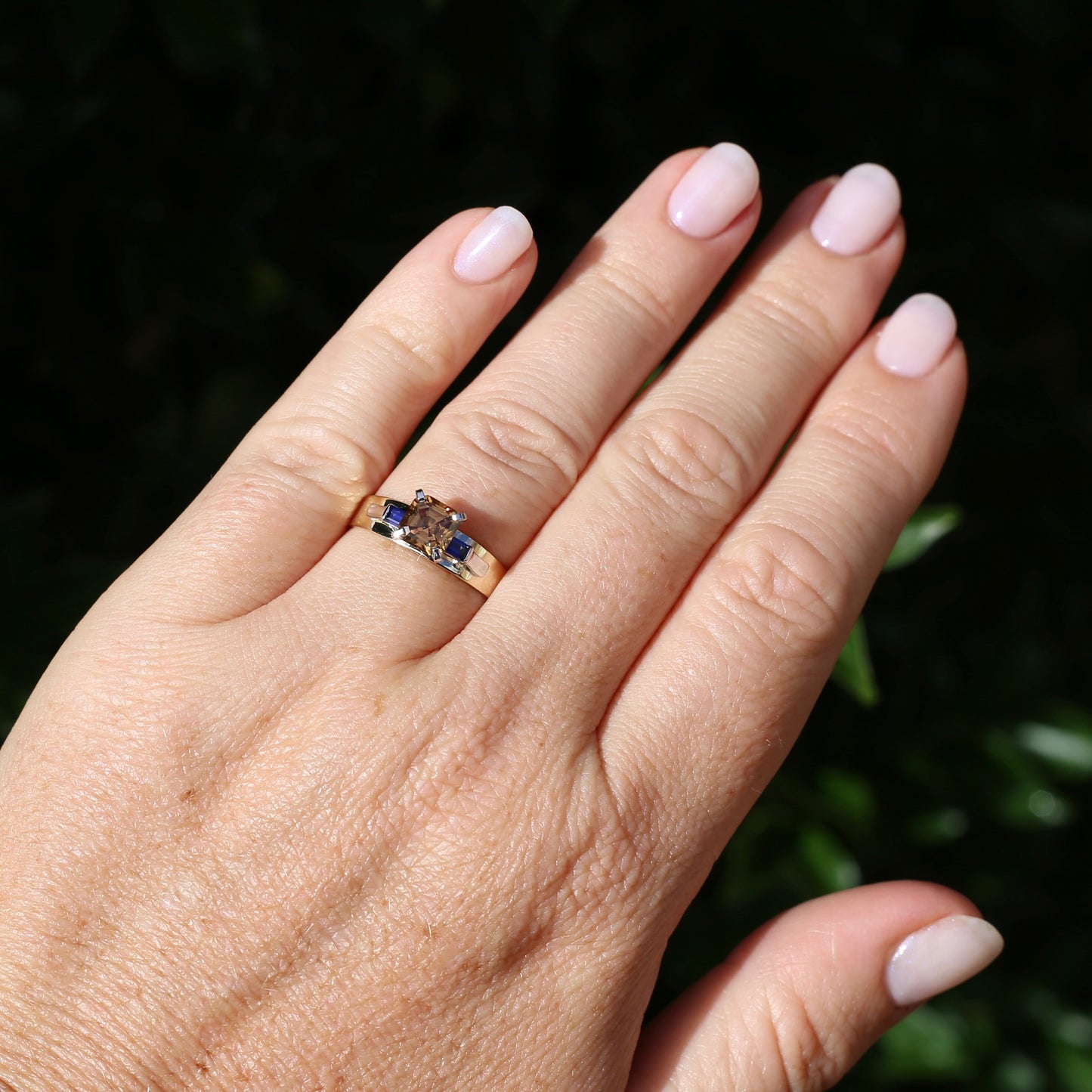 1.74ct Asscher Cut Cognac Zircon with Baguette Synthetic Sapphires in Mixed White and Yellow Gold 9ct Ring, size 8.75 or just over R