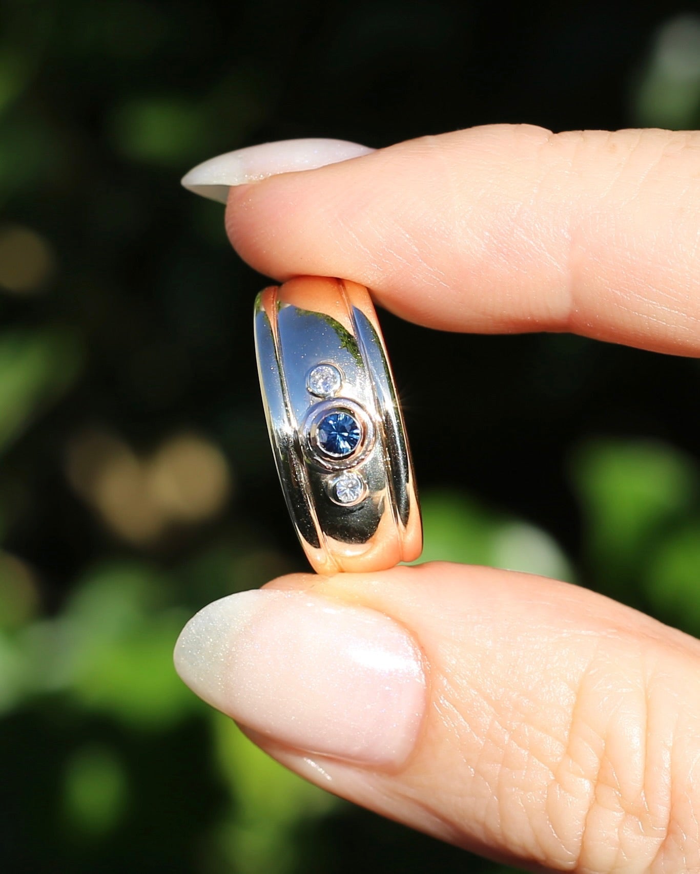 Bezel Set Parti Sapphire and Diamond Trilogy, Chunky Yellow Gold, size O1/2 or 7.5 (will fit smaller due to width)