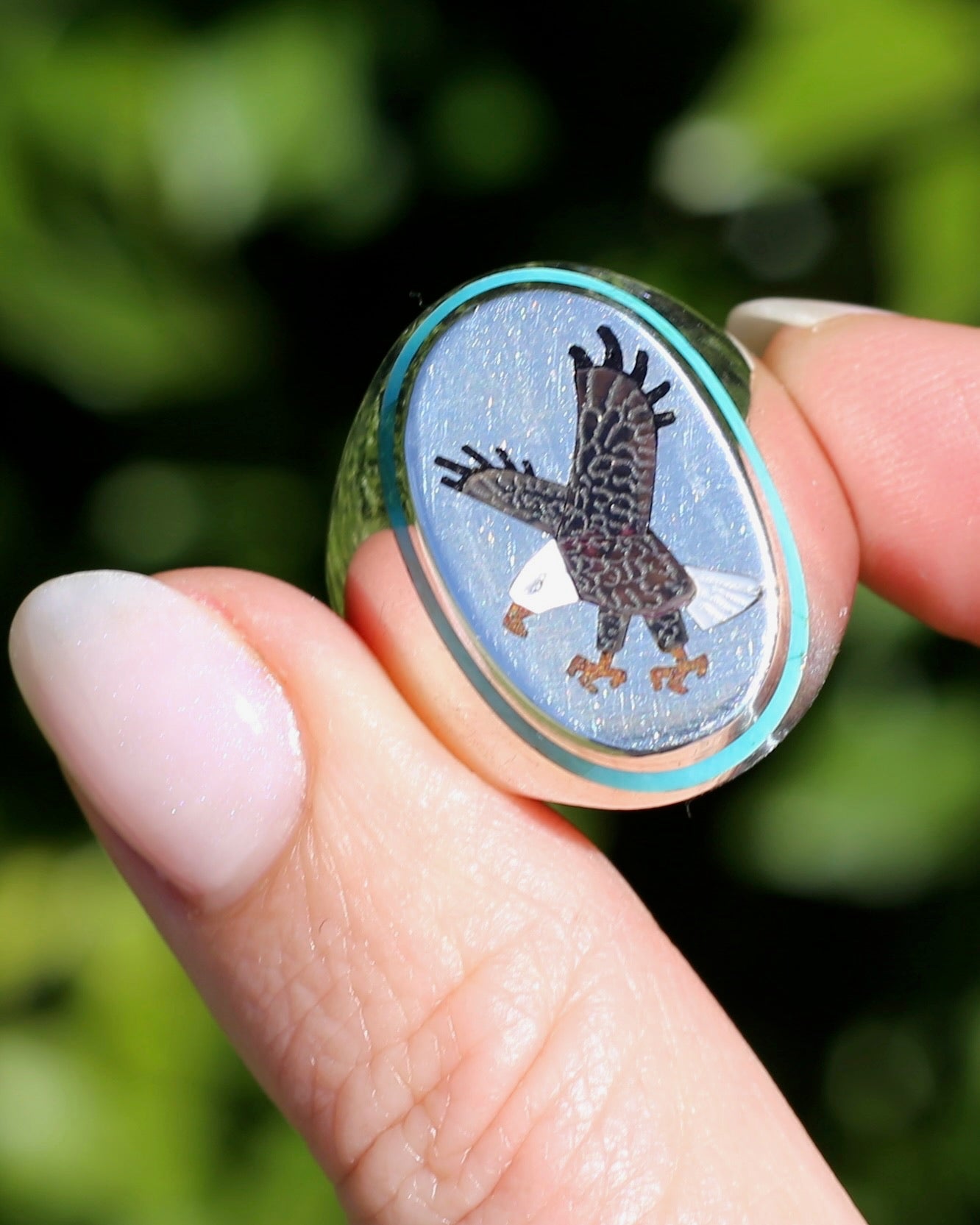 Navajo Artist Benjamin Becenti Inlaid Mother of Pearl and Turquoise Eagle Ring, Sterling Silver, size X1/2 or 11.75