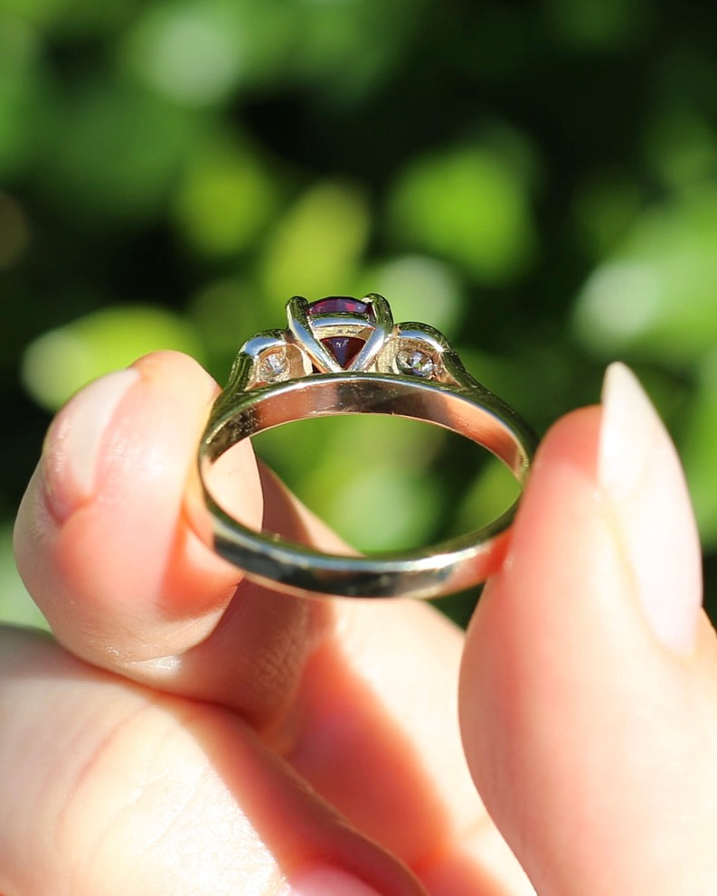 East African Rhodolite Garnet and Diamond Dais Trilogy, 9ct Yellow Gold, size S or 9.25
