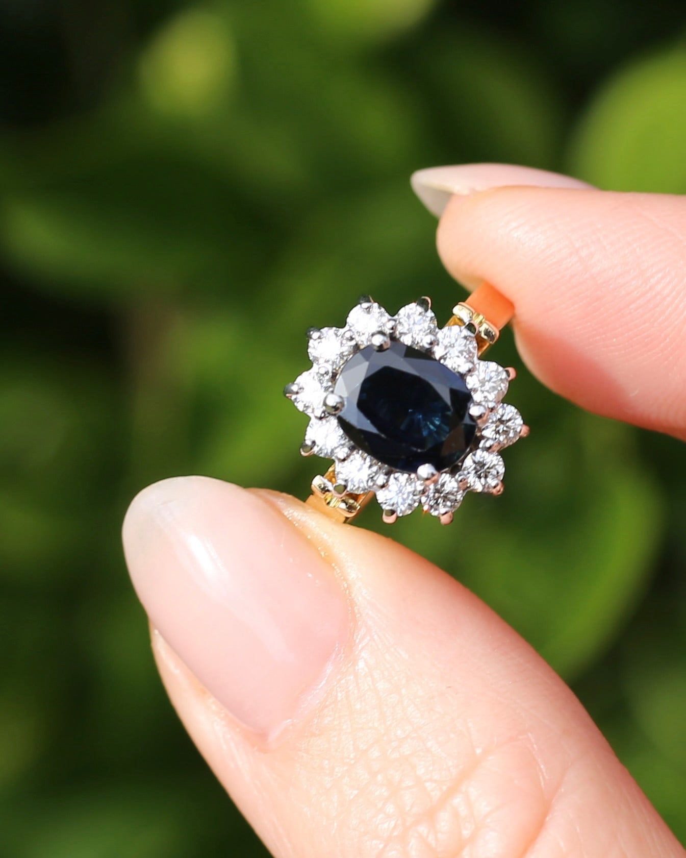 Vintage c1980s Diana Halo, Natural Sapphire and Diamond Halo, 18ct Yellow and White Gold, size P or 7.75 with valuation