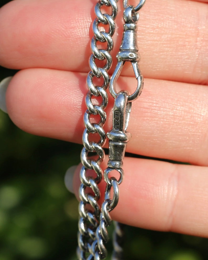 Antique 1913-1914 Birmingham Made Curb Link Watch Chain, Double Albert Clasp, Sterling Silver, 41.5cm