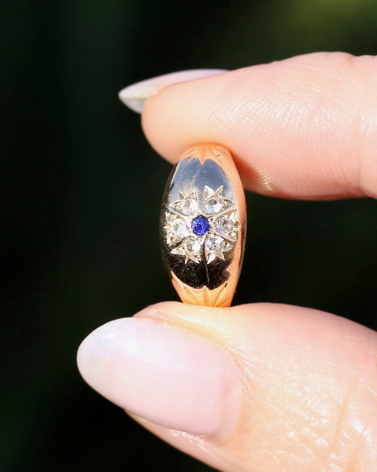 Vintage 1994 Birmingham Made Sapphire and White Stone Floral Cluster in Domed Ring, 9ct Yellow Gold, size J1/2 or 5