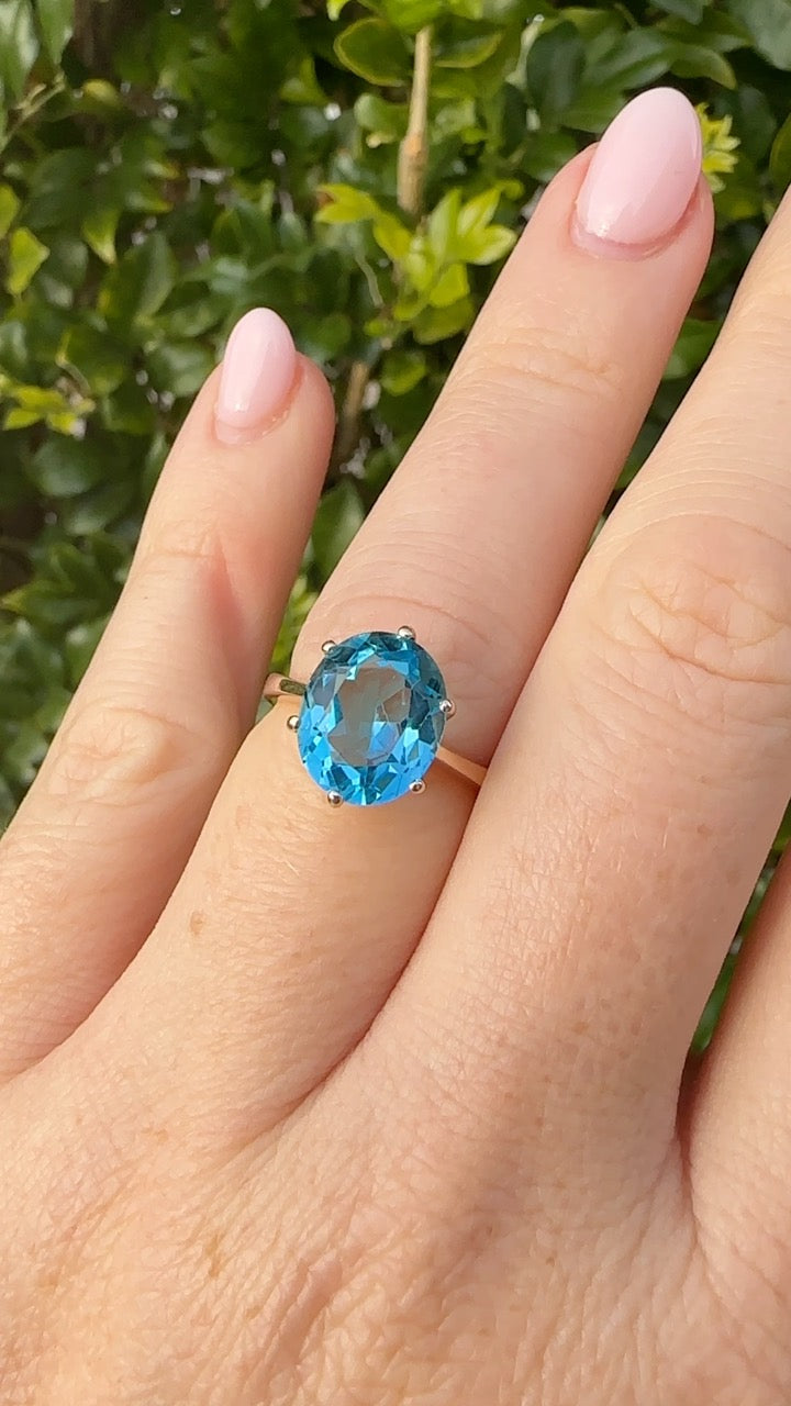 Vintage 4.5ct Oval Blue Topaz Claw Set Ring, 9ct Yellow Gold, size 6 or L1/2