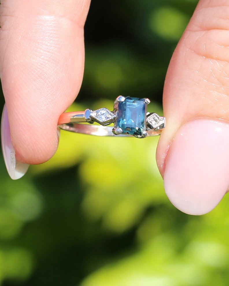 1.09ct Emerald Cut Teal Australian Sapphire With Diamonds in Vintage Trilogy Setting, 9ct Yellow and White Gold, size N1/2 or 6.75, 2.05g