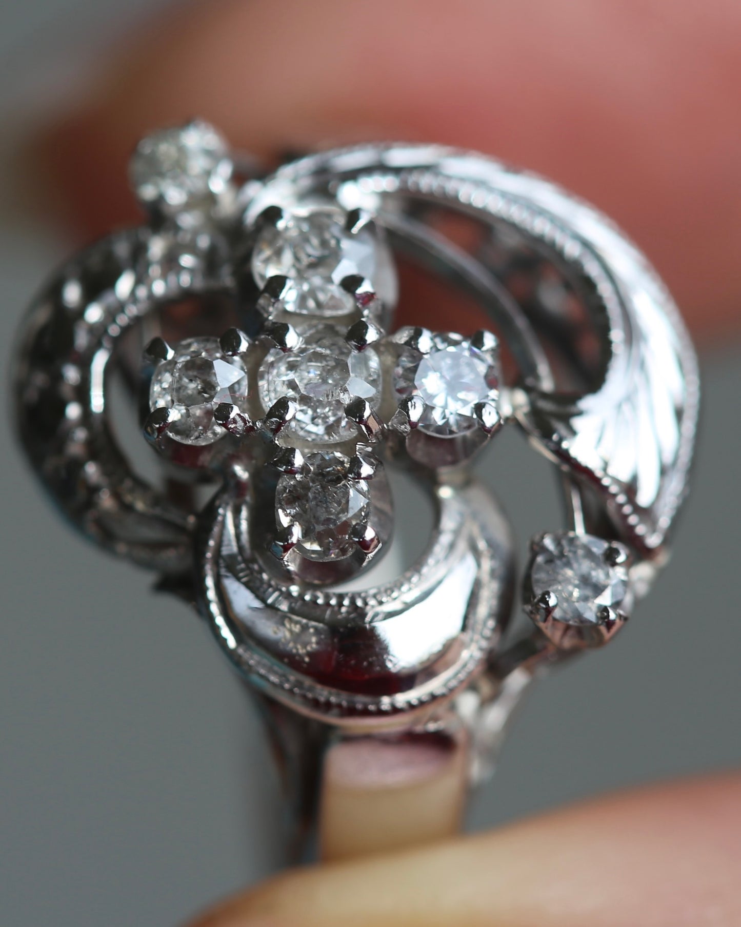 Old Cut and Early Brilliant Cluster Clover Ring, 9ct White Gold, size O or 7