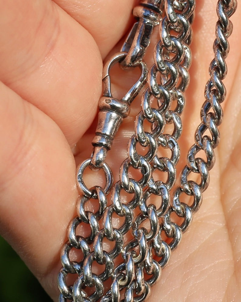 Antique 1913-1914 Birmingham Made Curb Link Watch Chain, Double Albert Clasp, Sterling Silver, 41.5cm