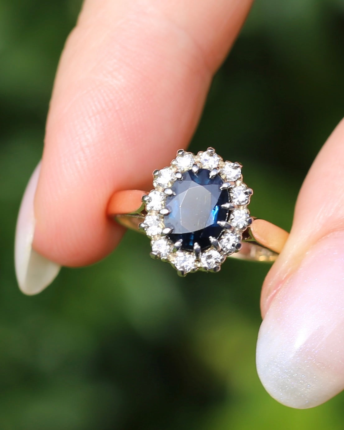 Vintage Natural Sapphire and Diamond Halo, 9ct Yellow and White Gold, size N1/2 or 7