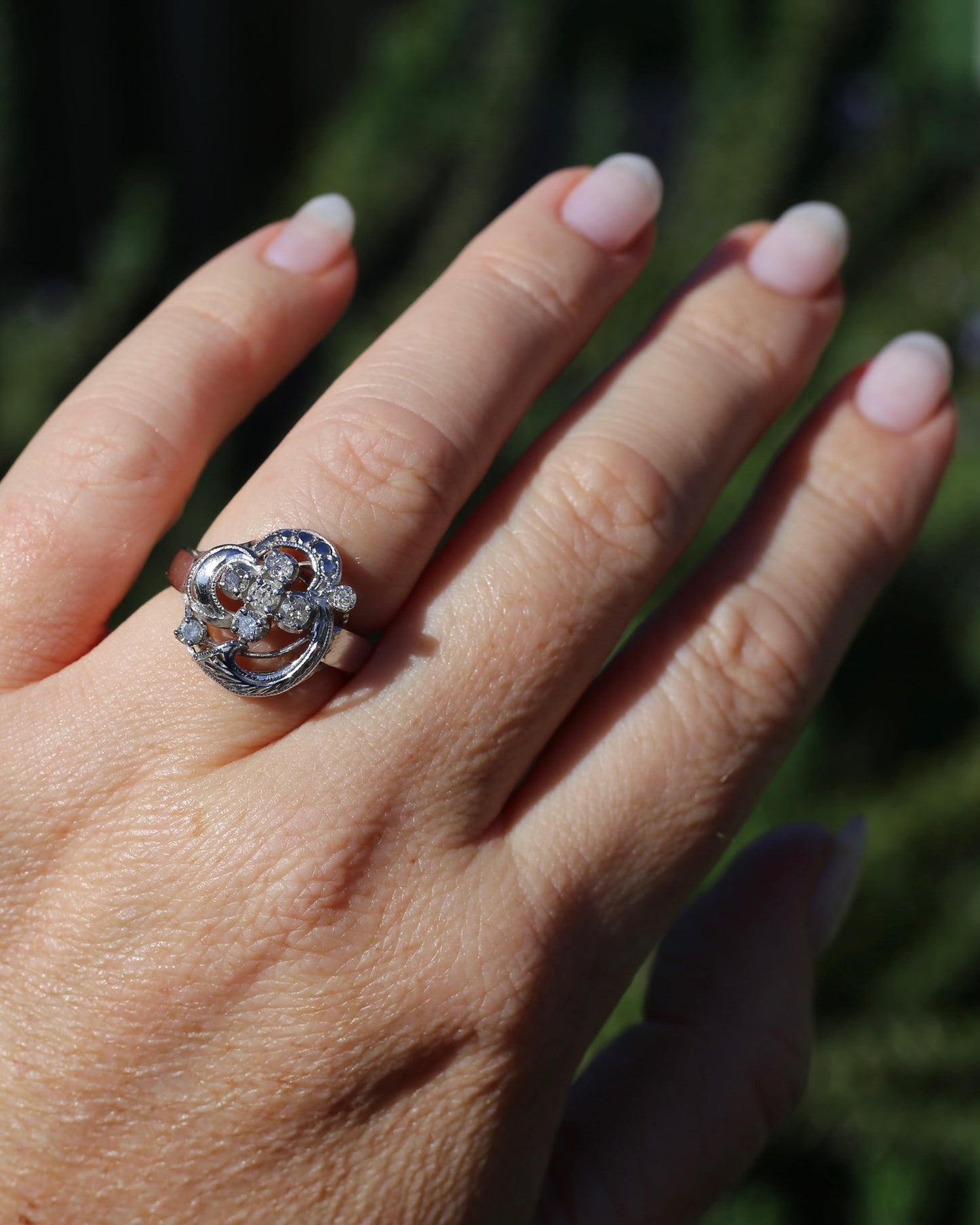 Old Cut and Early Brilliant Cluster Clover Ring, 9ct White Gold, size O or 7