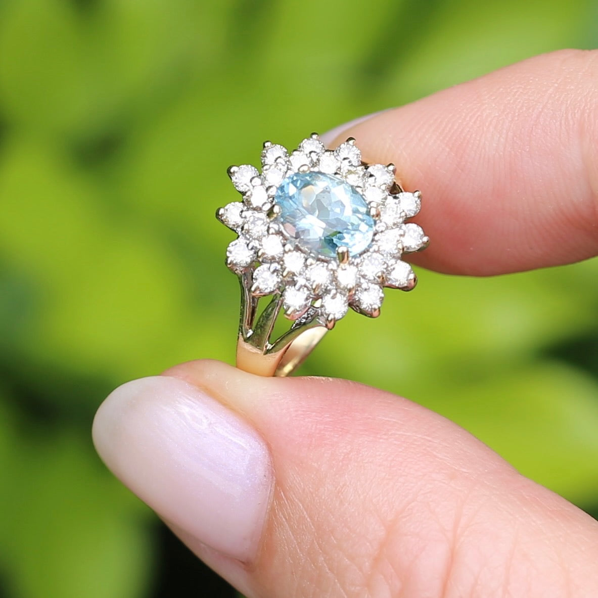 1.1ct Oval Aquamarine and Double Diamond Halo (0.88ct), 9ct White and Yellow Gold, size 6.25 or M
